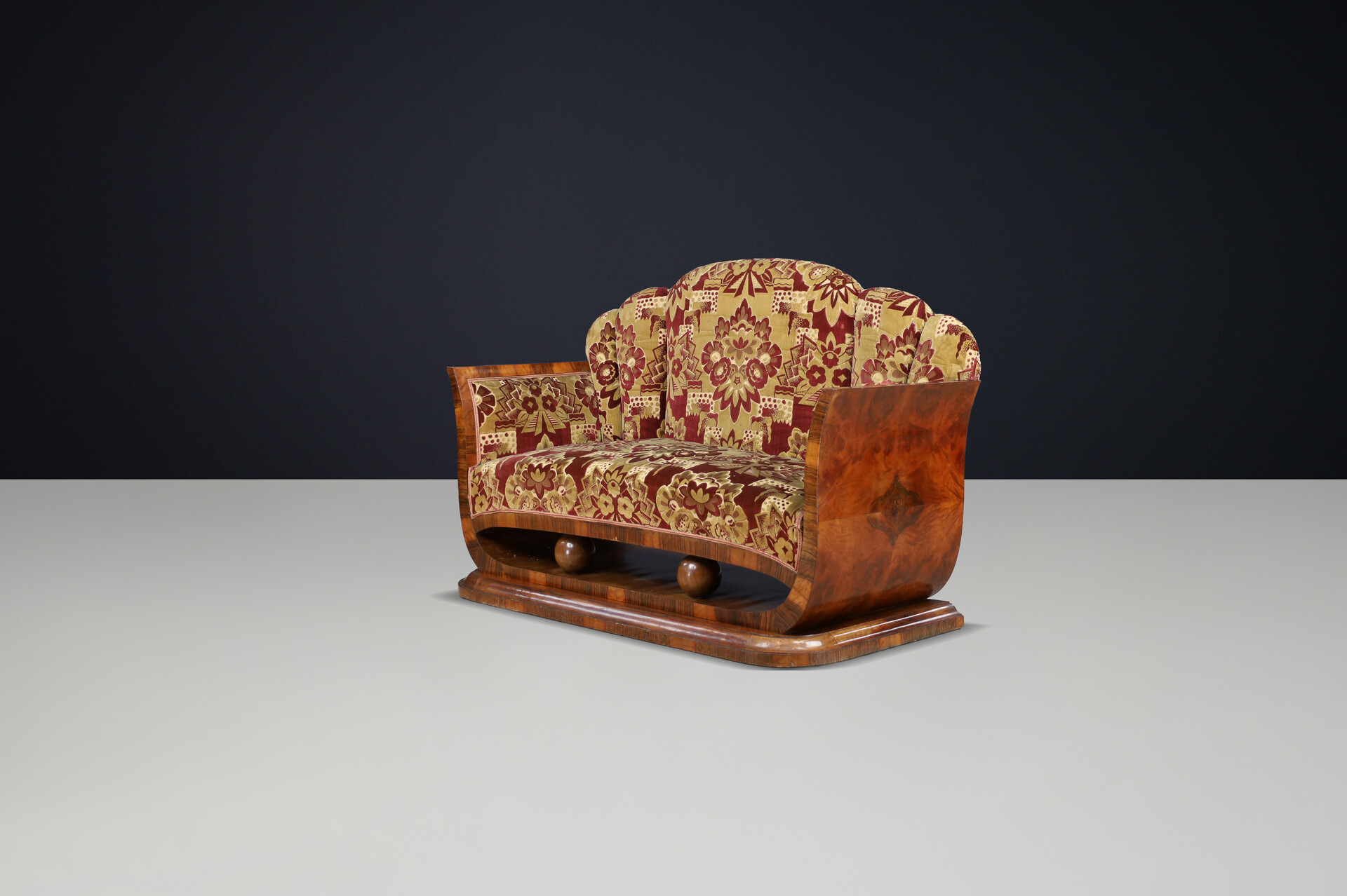 Italian Art Deco Two-Seat Sofa in Walnut Burl with Original Velvet, Naples, 1930 Early-20th century