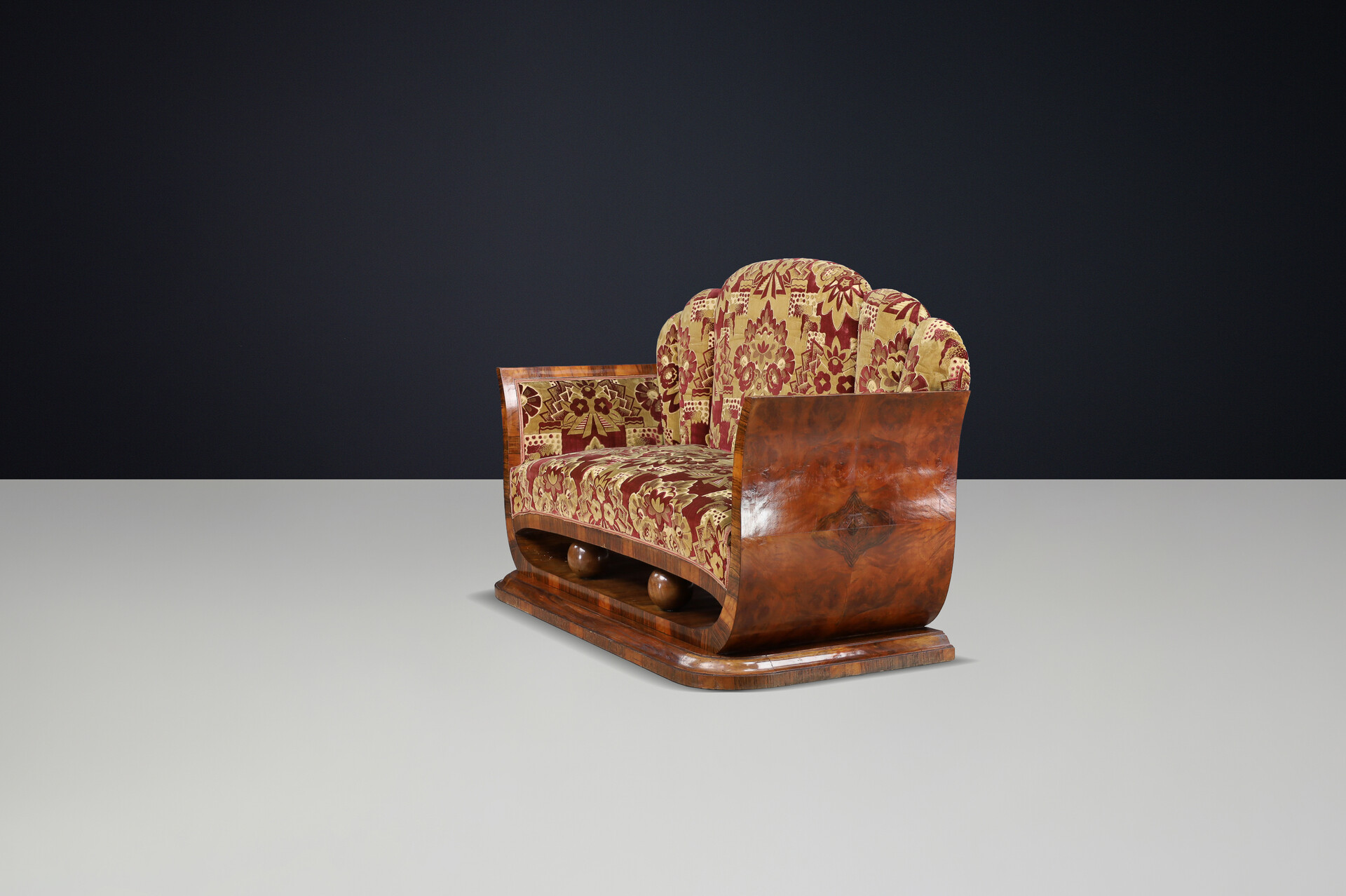 Italian Art Deco Two-Seat Sofa in Walnut Burl with Original Velvet, Naples, 1930 Early-20th century
