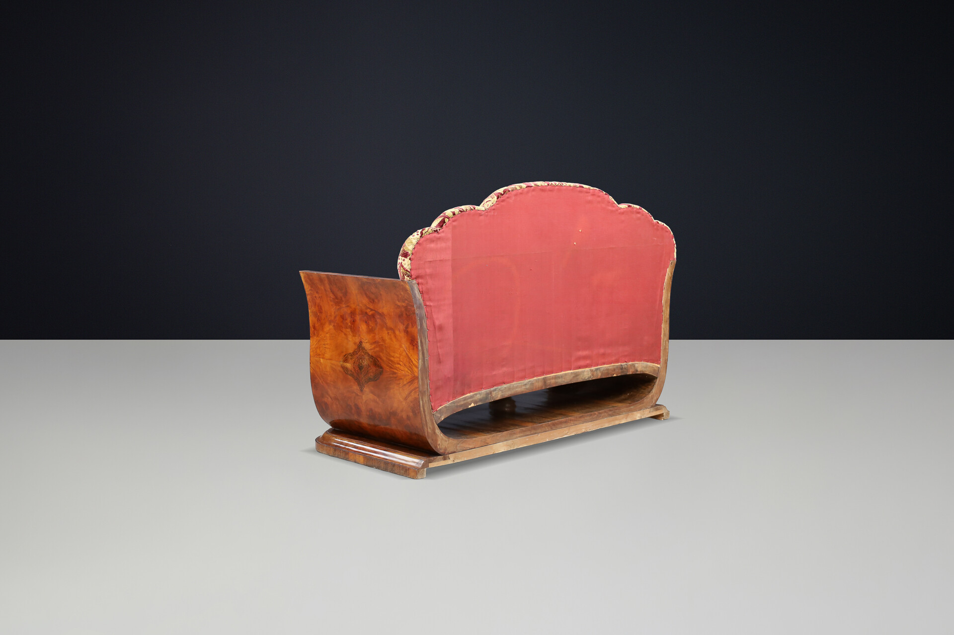 Italian Art Deco Two-Seat Sofa in Walnut Burl with Original Velvet, Naples, 1930 Early-20th century