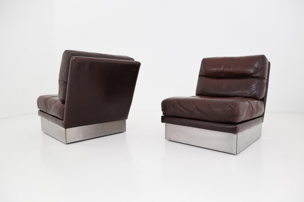 Jacques Charpentier Pair of Lounge Chairs, Brown Leather, Steel Base, 1970s
