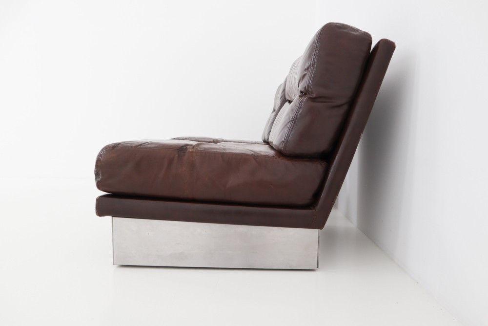 Jacques Charpentier Pair of Lounge Chairs, Brown Leather, Steel Base, 1970s