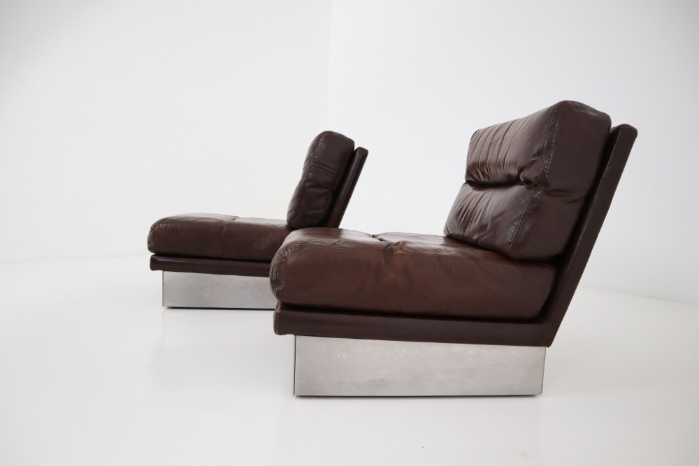 Jacques Charpentier Pair of Lounge Chairs, Brown Leather, Steel Base, 1970s