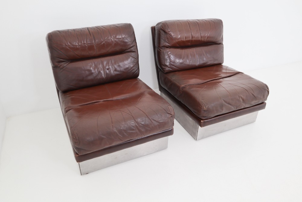 Jacques Charpentier Pair of Lounge Chairs, Brown Leather, Steel Base, 1970s