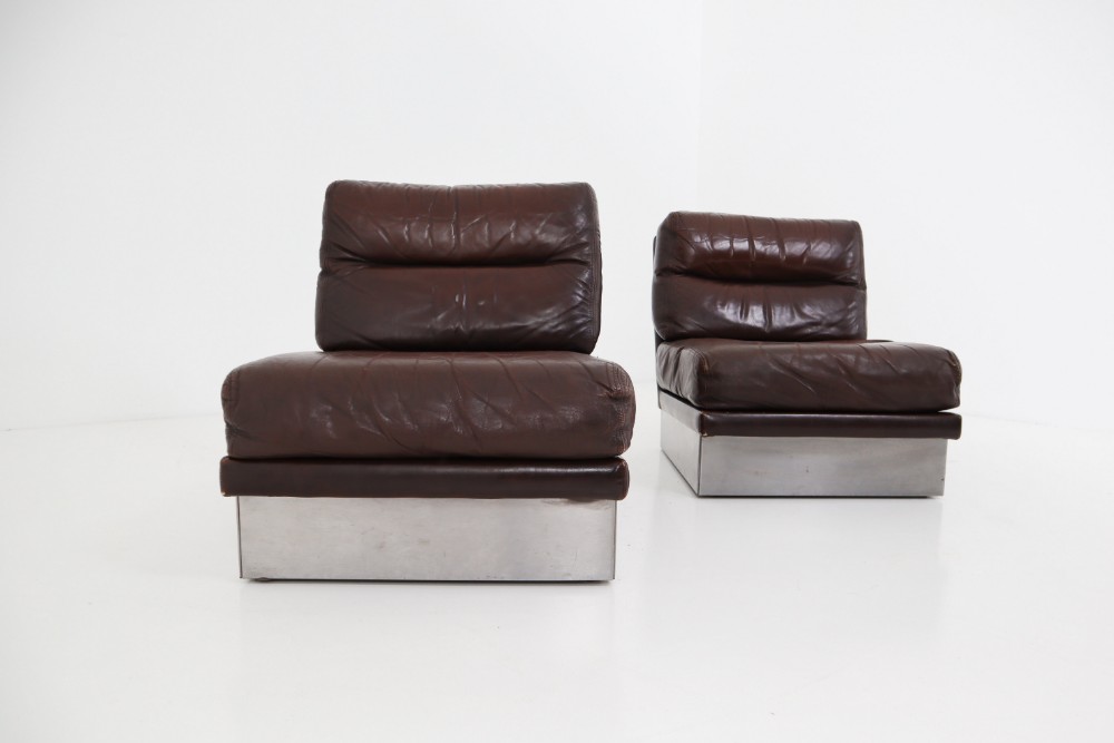 Jacques Charpentier Pair of Lounge Chairs, Brown Leather, Steel Base, 1970s