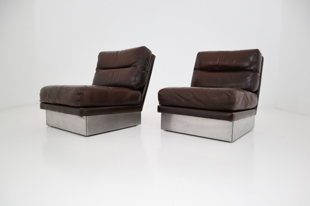 Jacques Charpentier Pair of Lounge Chairs, Brown Leather, Steel Base, 1970s
