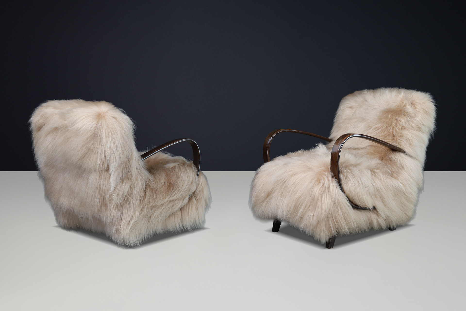 Jindřich Halabala Lounge Chairs in Icelandic Sheepskin, Sculptural CZ 1940s Mid-20th century