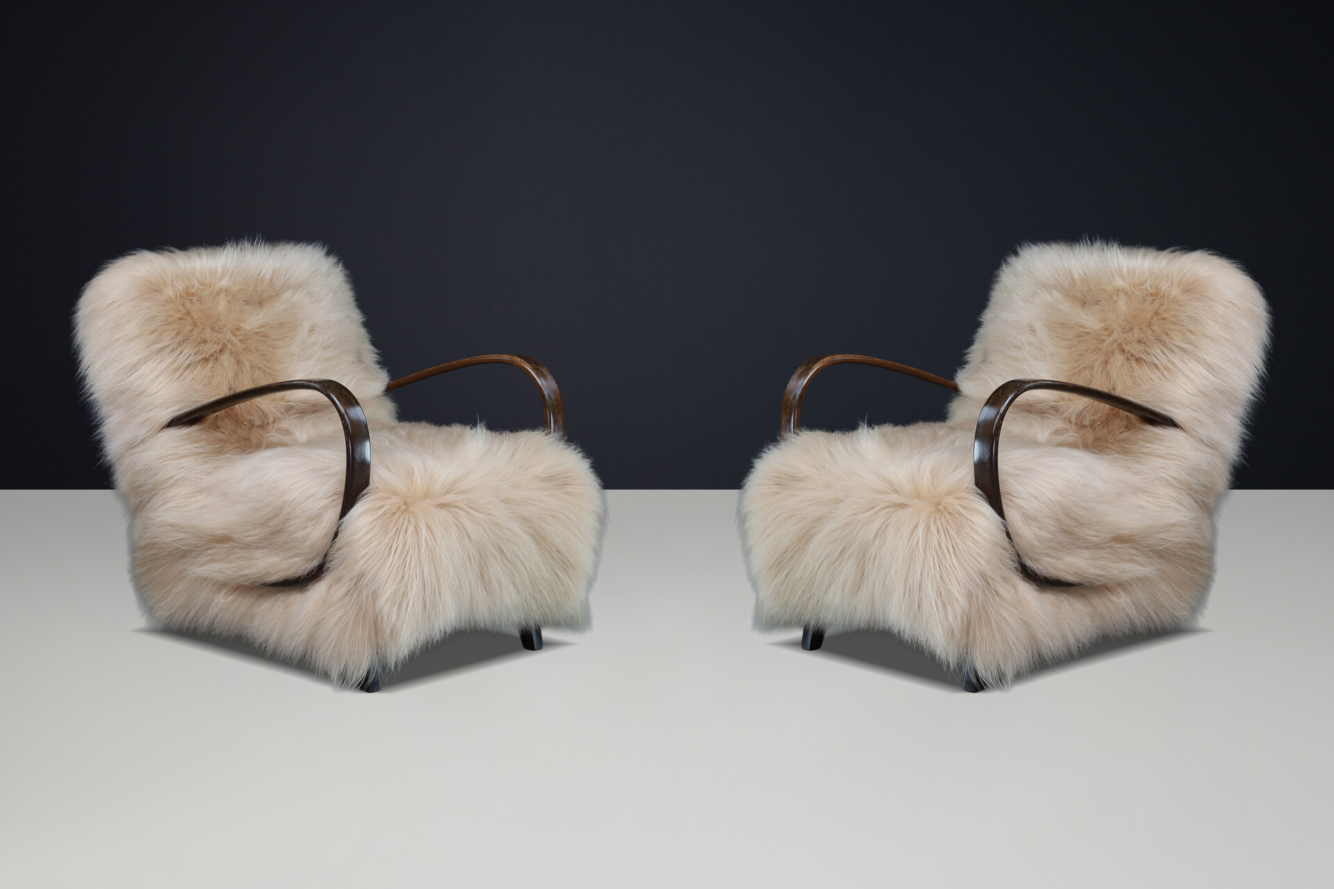 Jindřich Halabala Lounge Chairs in Icelandic Sheepskin, Sculptural CZ 1940s Mid-20th century