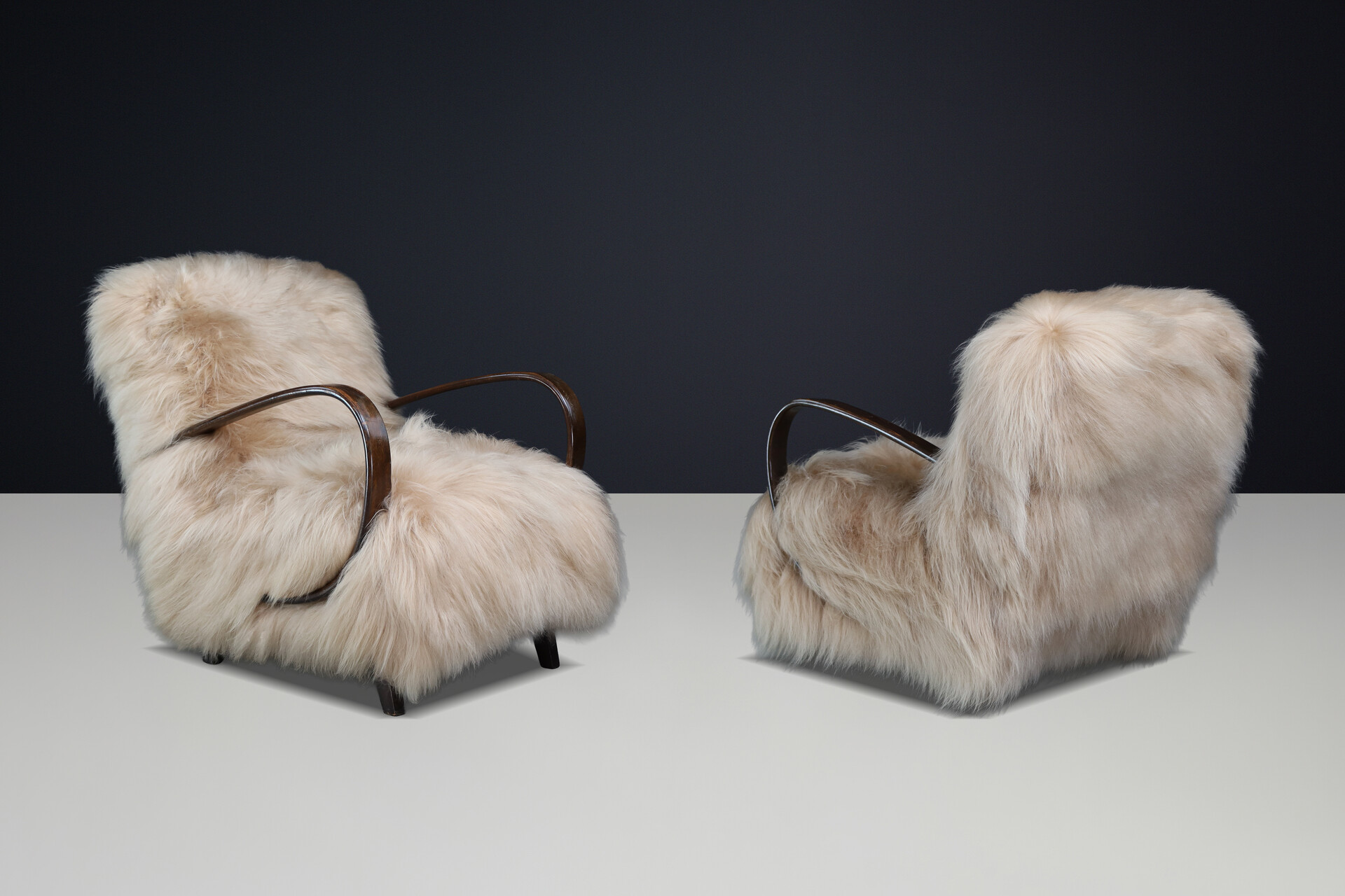 Jindřich Halabala Lounge Chairs in Icelandic Sheepskin, Sculptural CZ 1940s Mid-20th century