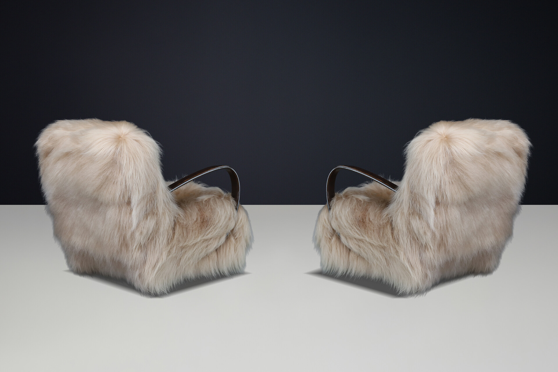 Jindřich Halabala Lounge Chairs in Icelandic Sheepskin, Sculptural CZ 1940s Mid-20th century