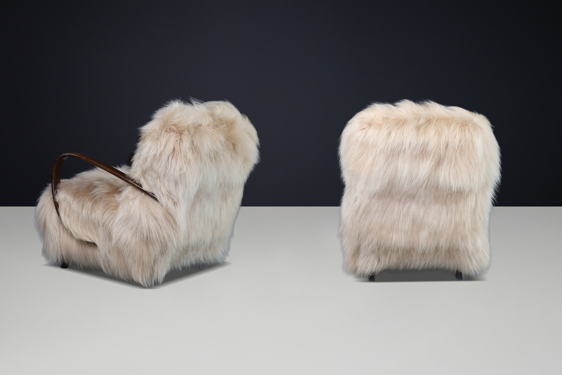 Jindřich Halabala Lounge Chairs in Icelandic Sheepskin, Sculptural CZ 1940s Mid-20th century
