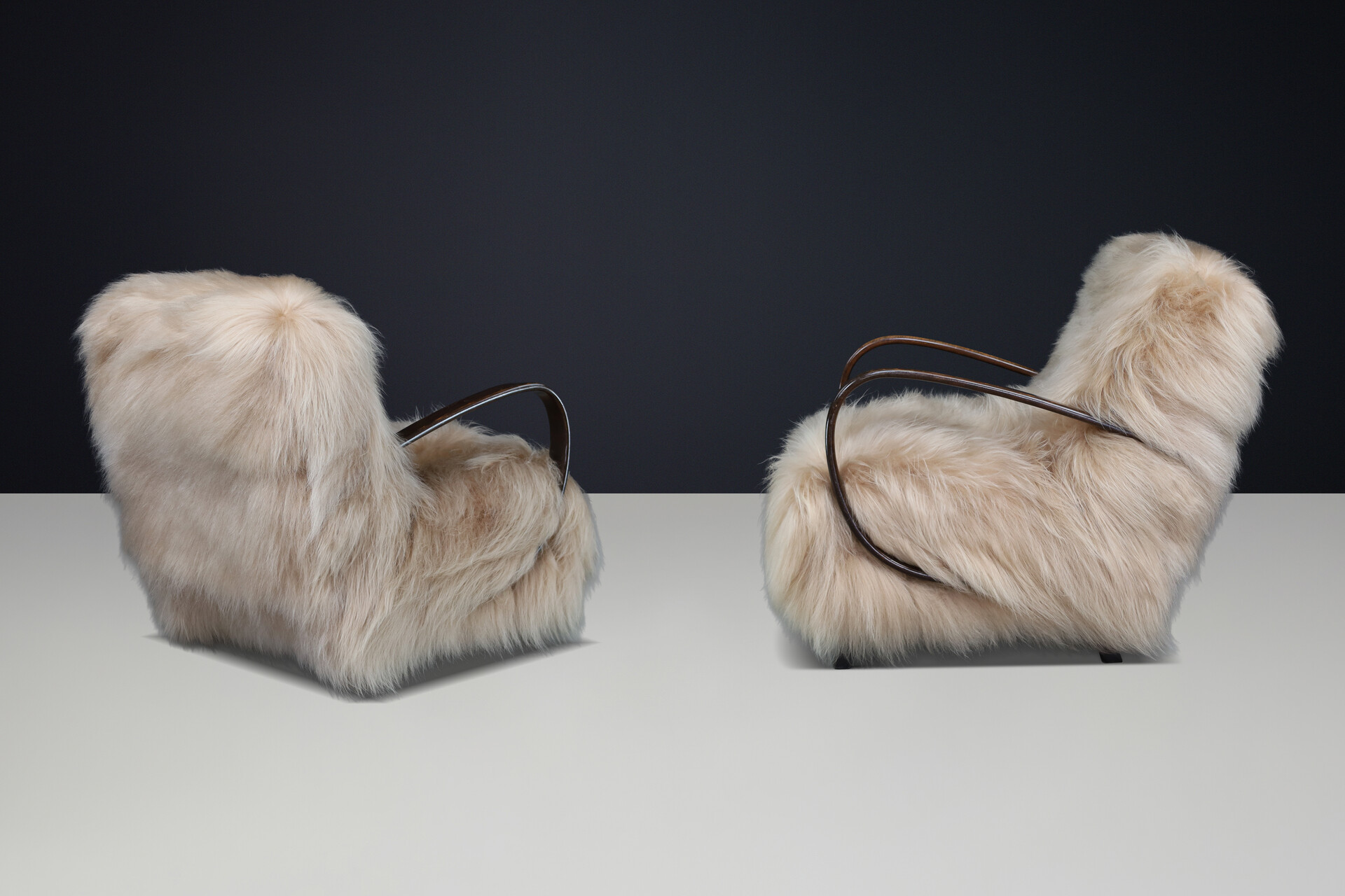 Jindřich Halabala Lounge Chairs in Icelandic Sheepskin, Sculptural CZ 1940s Mid-20th century