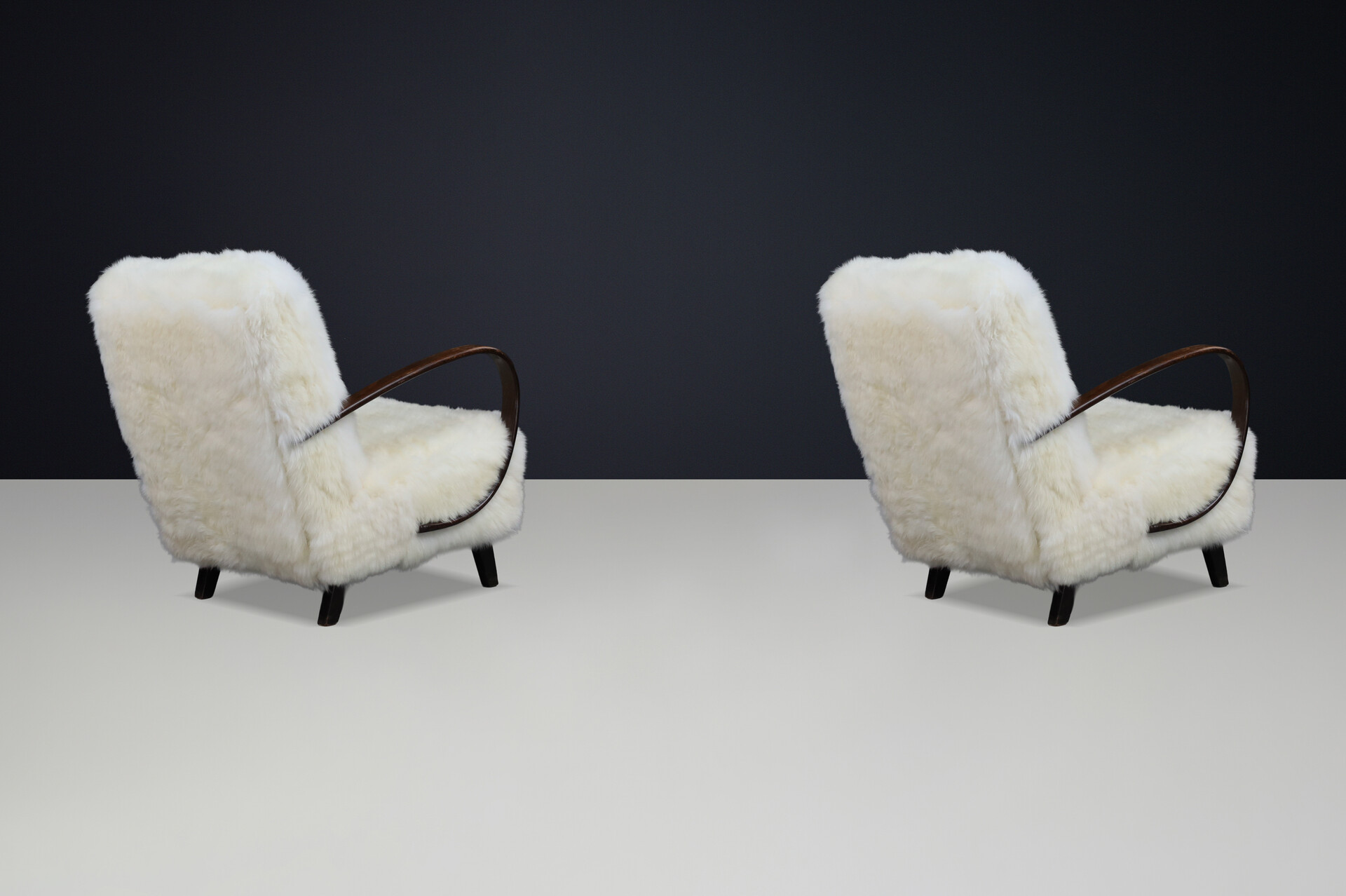Jindřich Halabala Mid-Century Modern Sheepskin Lounge Chairs 1940s Mid-20th century