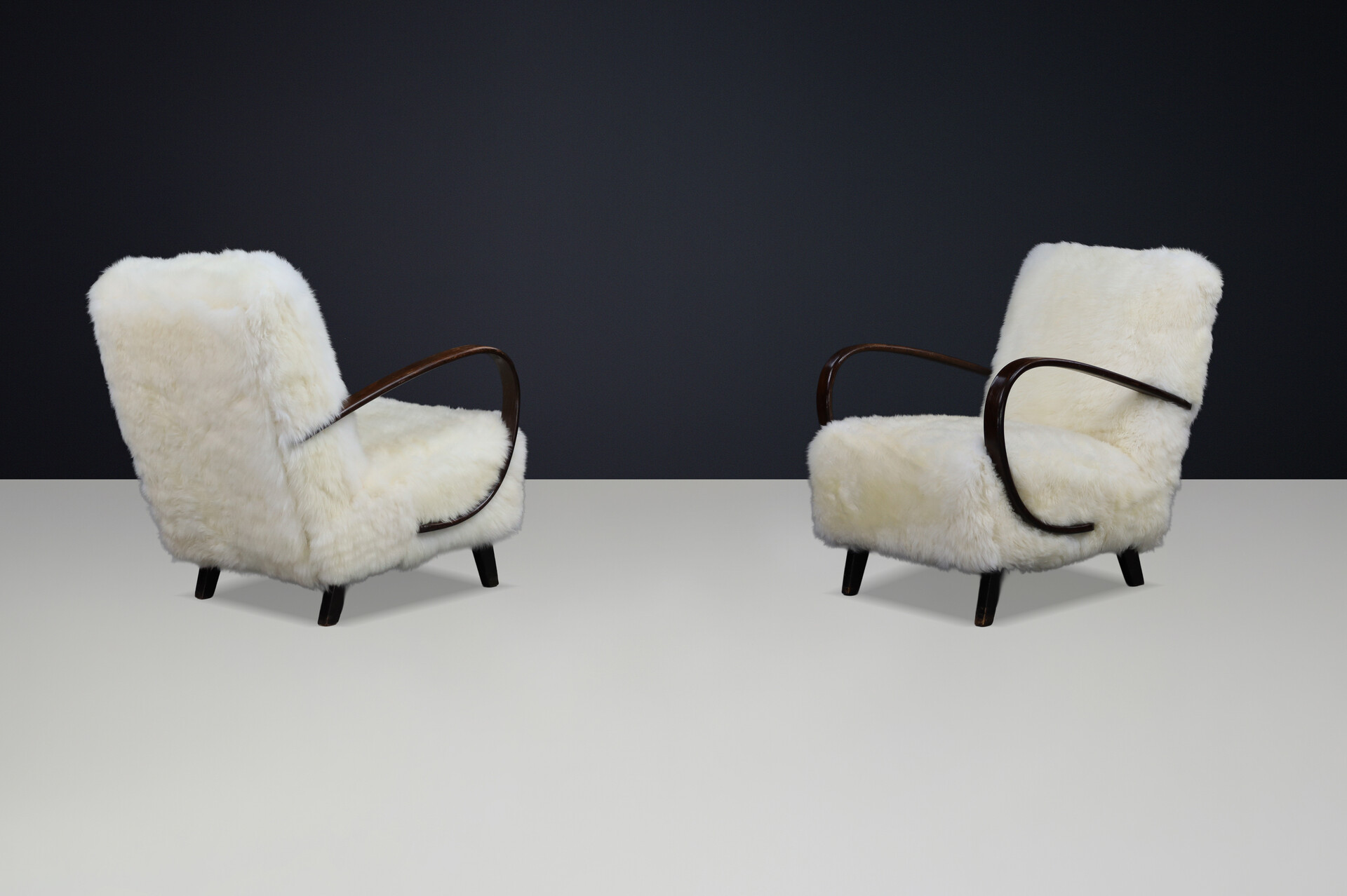 Jindřich Halabala Mid-Century Modern Sheepskin Lounge Chairs 1940s Mid-20th century