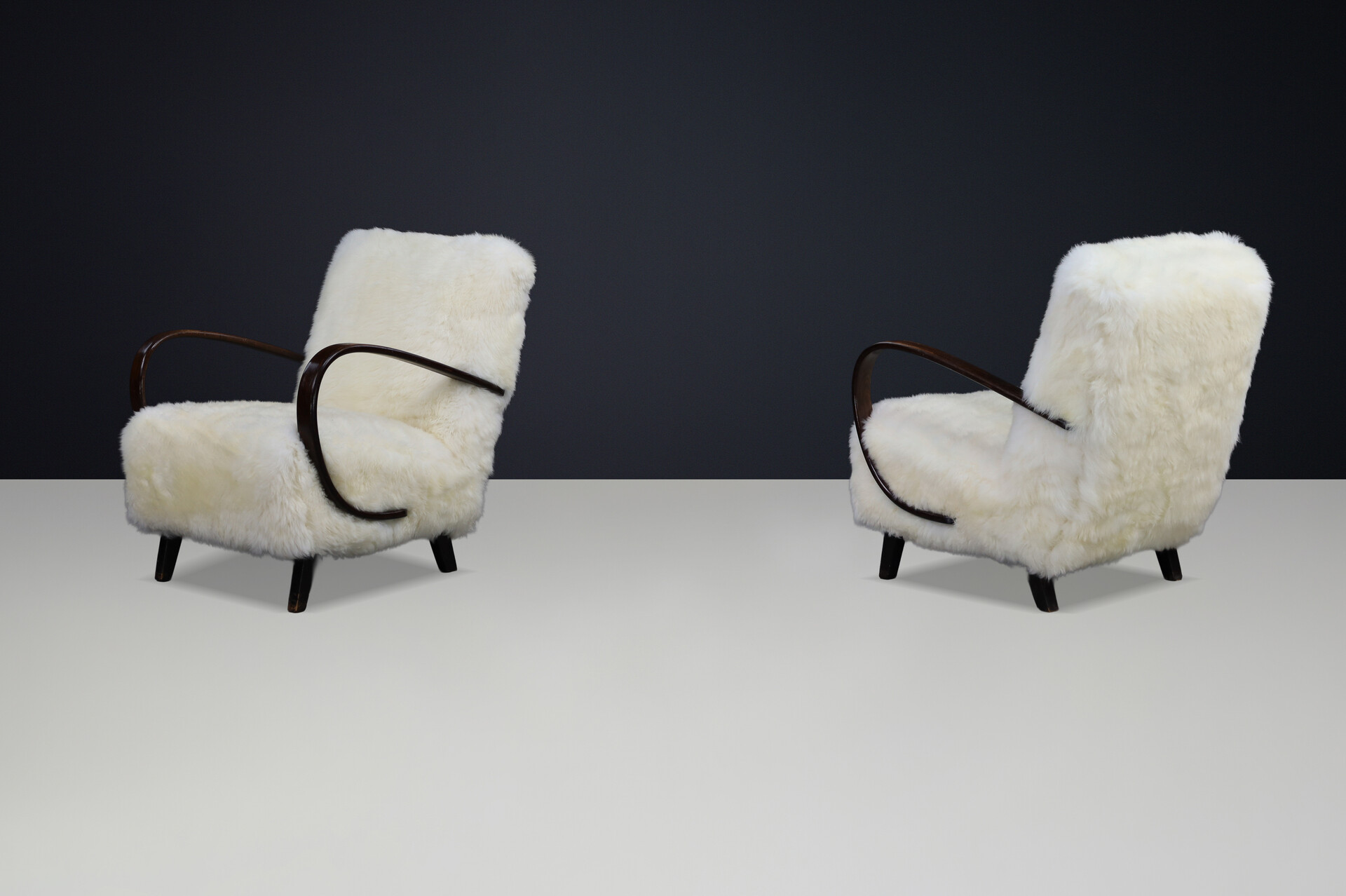 Jindřich Halabala Mid-Century Modern Sheepskin Lounge Chairs 1940s Mid-20th century