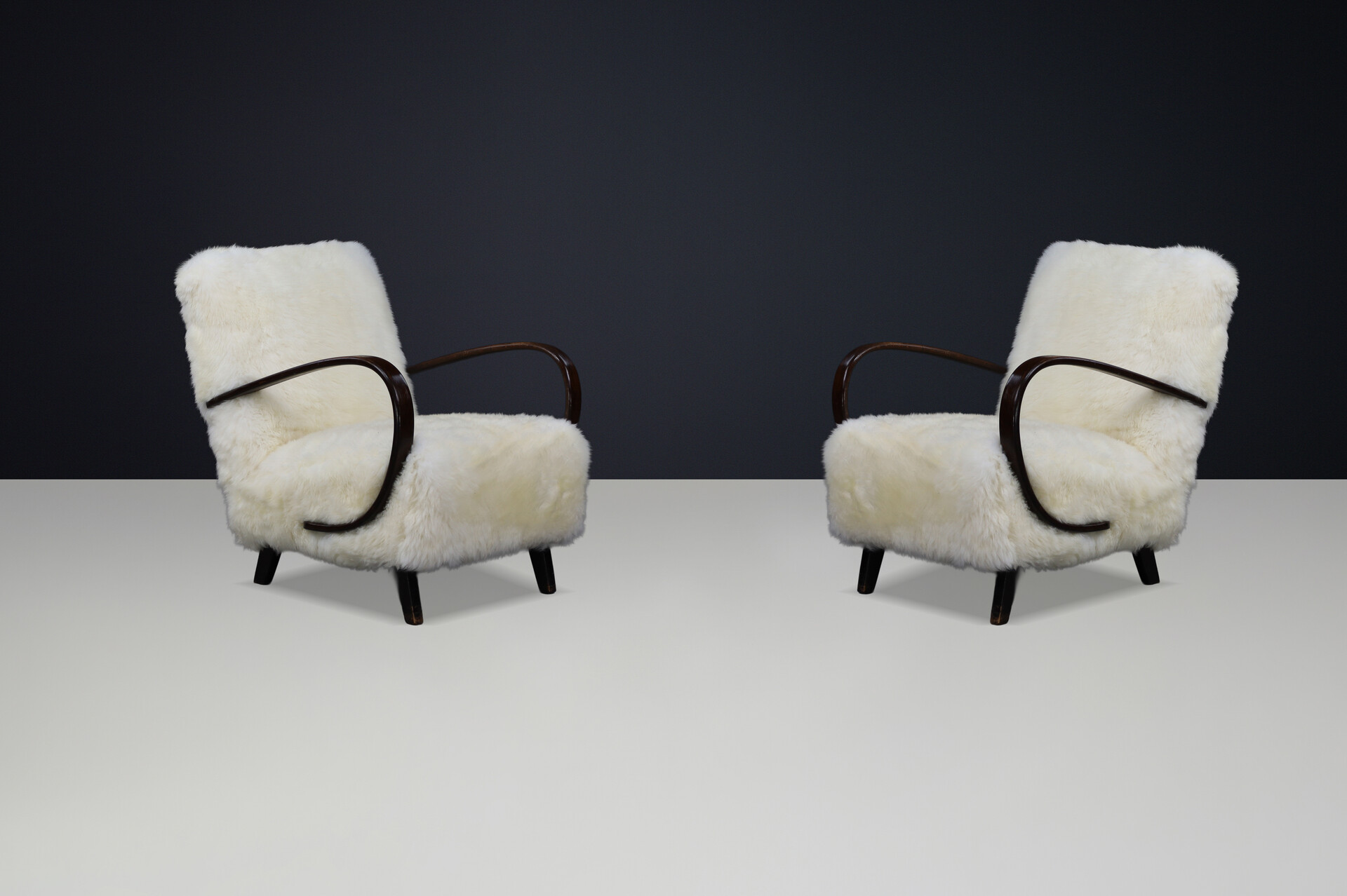 Jindřich Halabala Mid-Century Modern Sheepskin Lounge Chairs 1940s Mid-20th century
