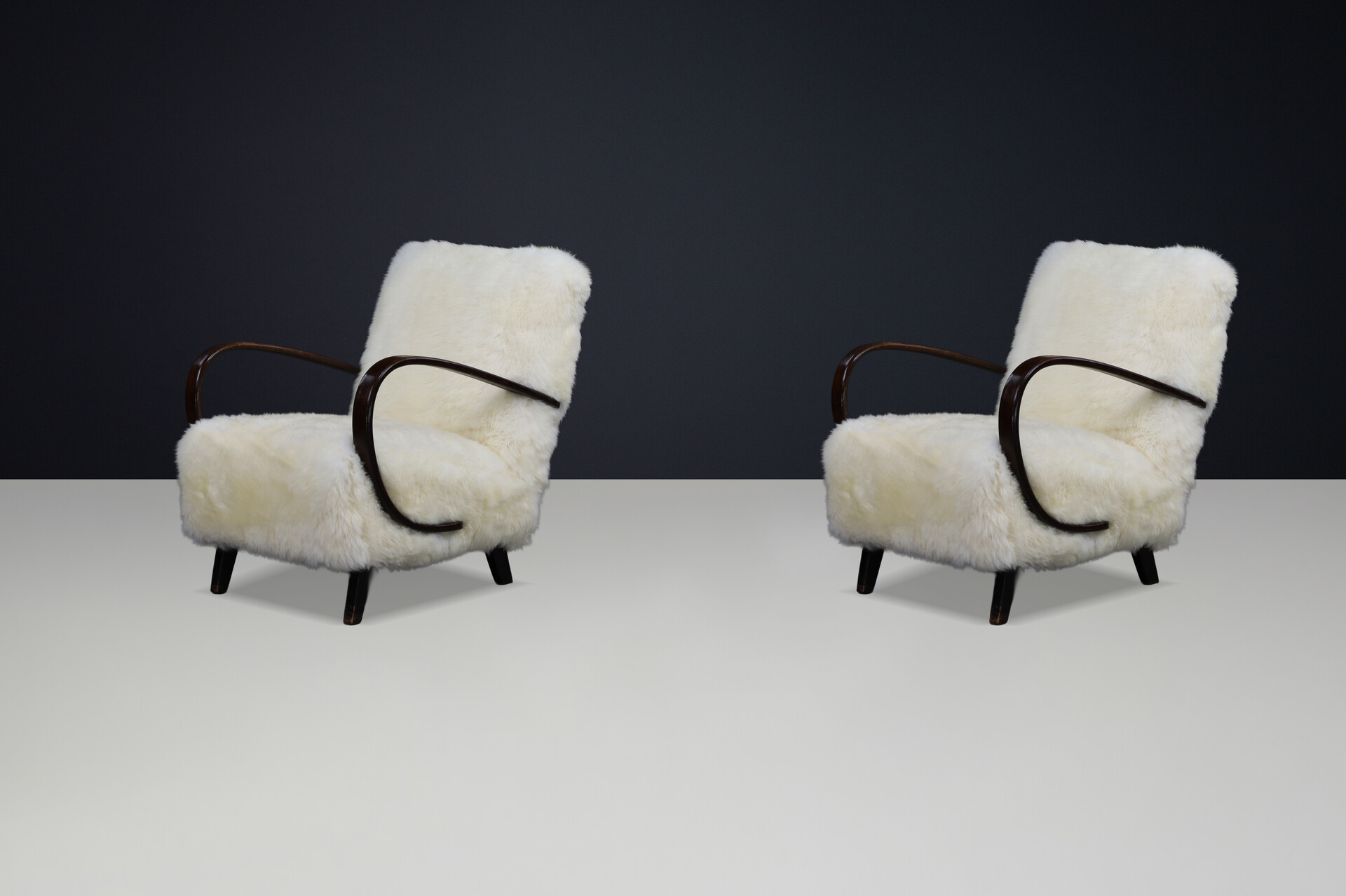 Jindřich Halabala Mid-Century Modern Sheepskin Lounge Chairs 1940s Mid-20th century