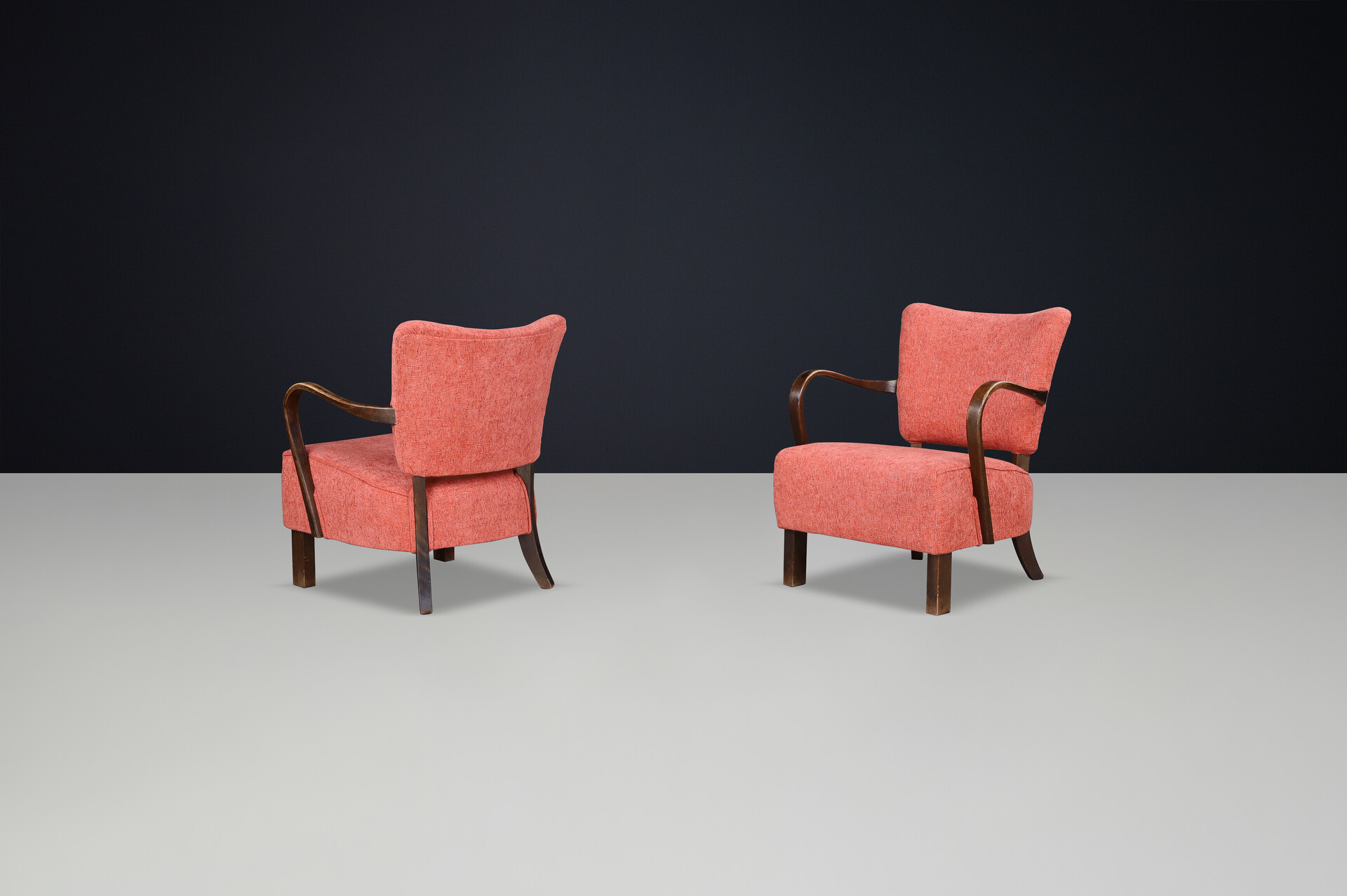 JIndrich Halabala re-upholstered patinated bentwood lounge chairs from the 1930s Mid-20th century