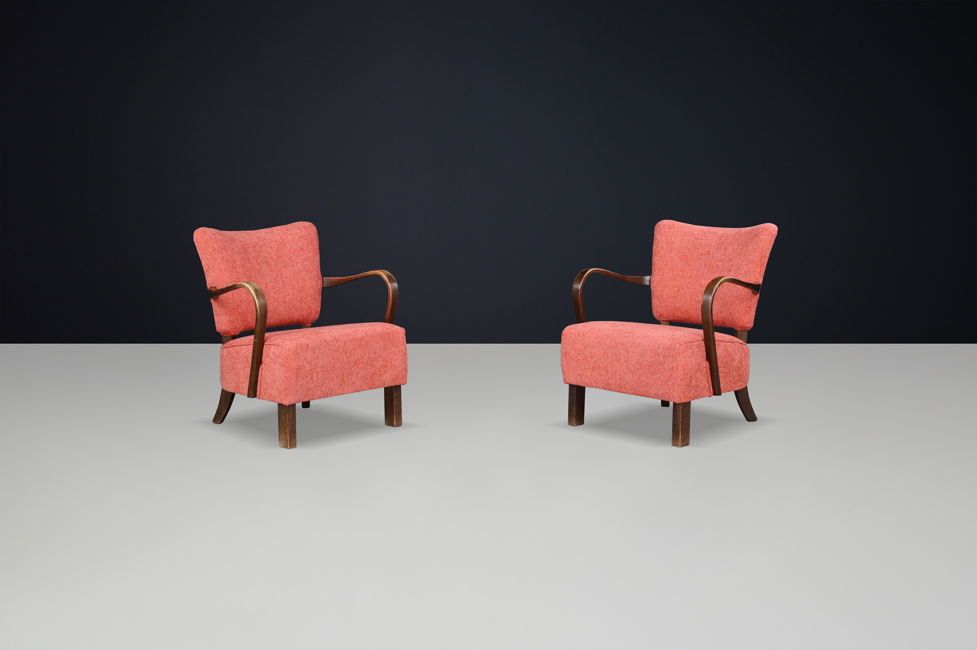 JIndrich Halabala re-upholstered patinated bentwood lounge chairs from the 1930s Mid-20th century