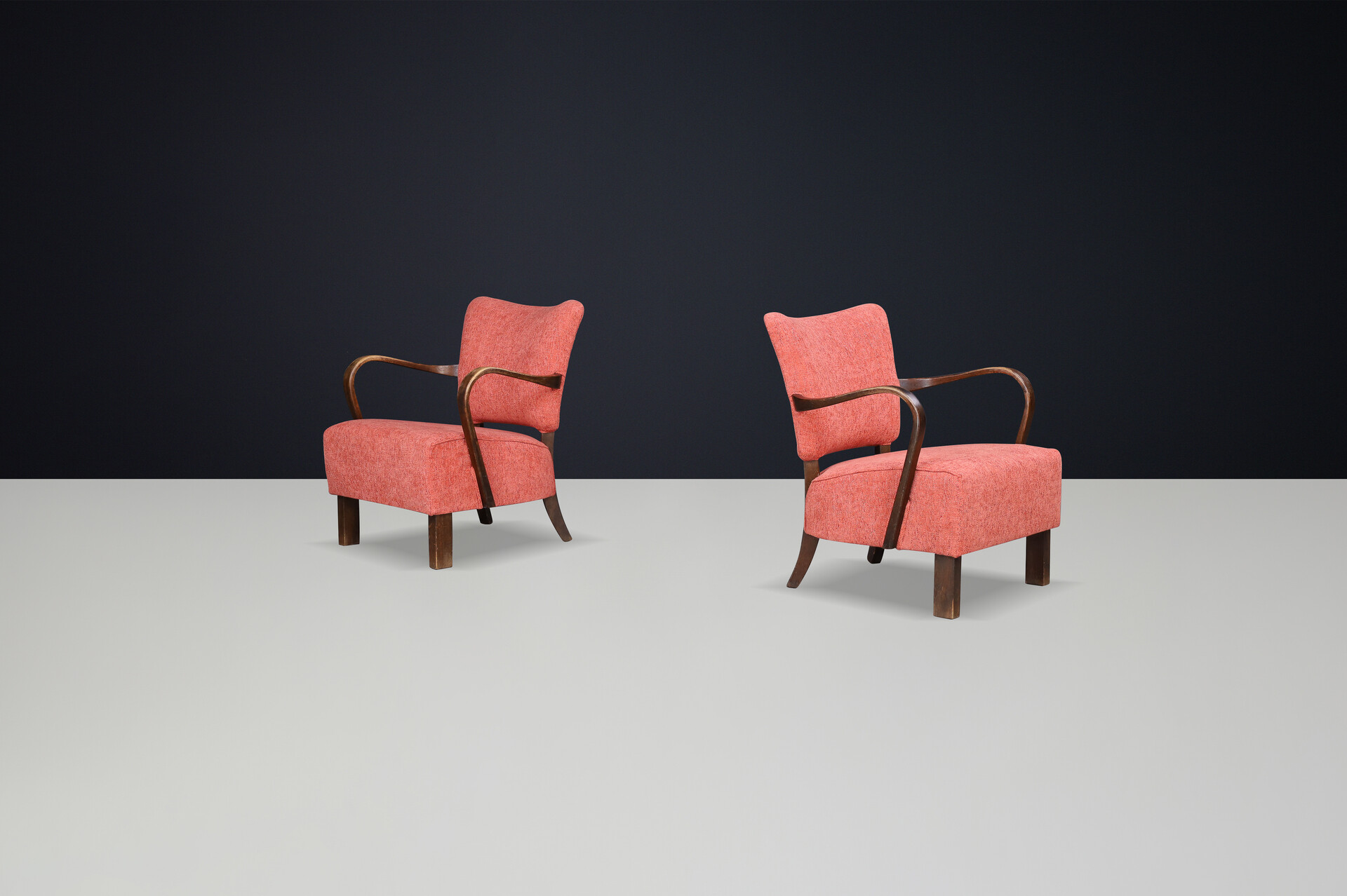 JIndrich Halabala re-upholstered patinated bentwood lounge chairs from the 1930s Mid-20th century