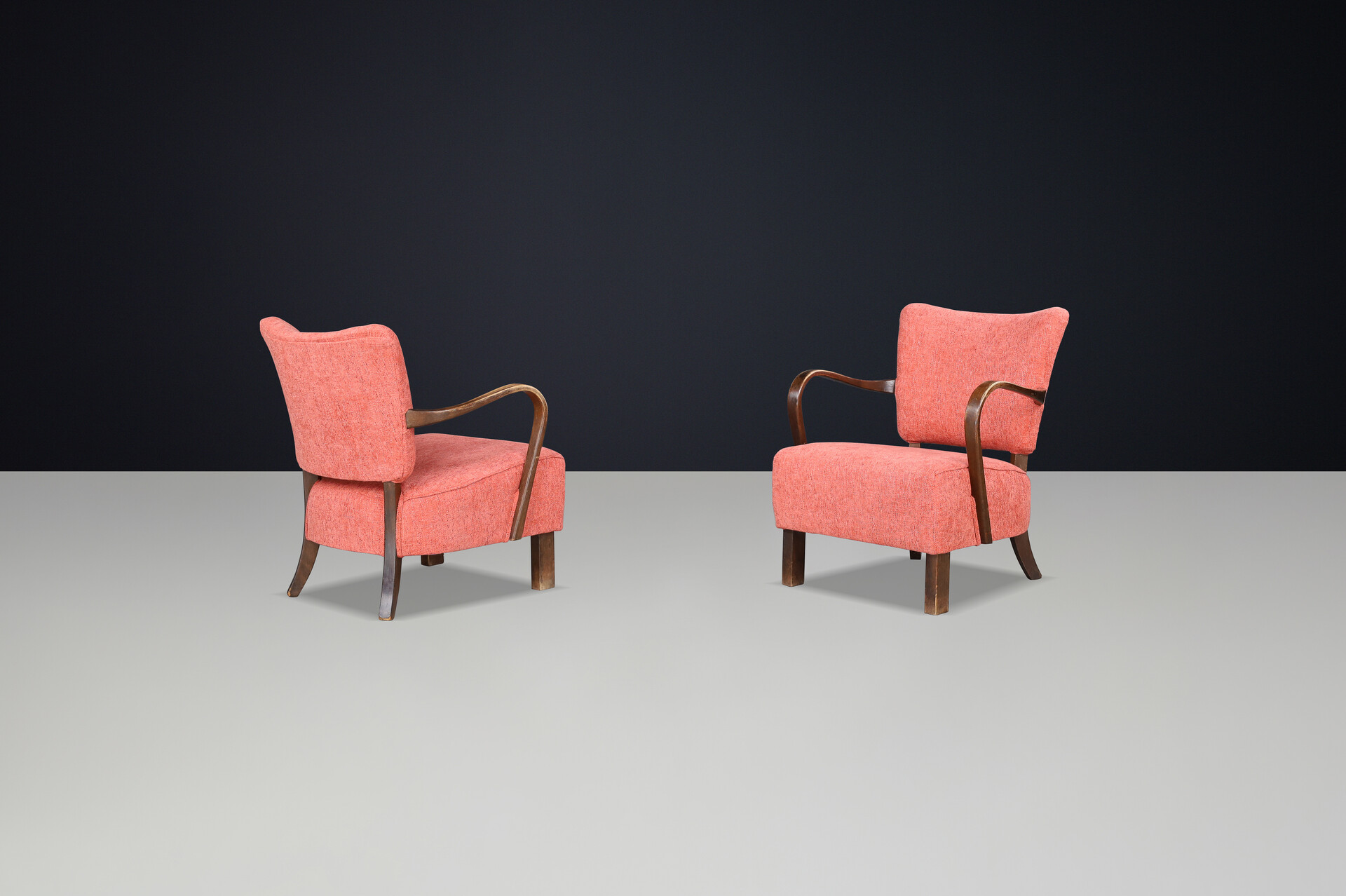 JIndrich Halabala re-upholstered patinated bentwood lounge chairs from the 1930s Mid-20th century
