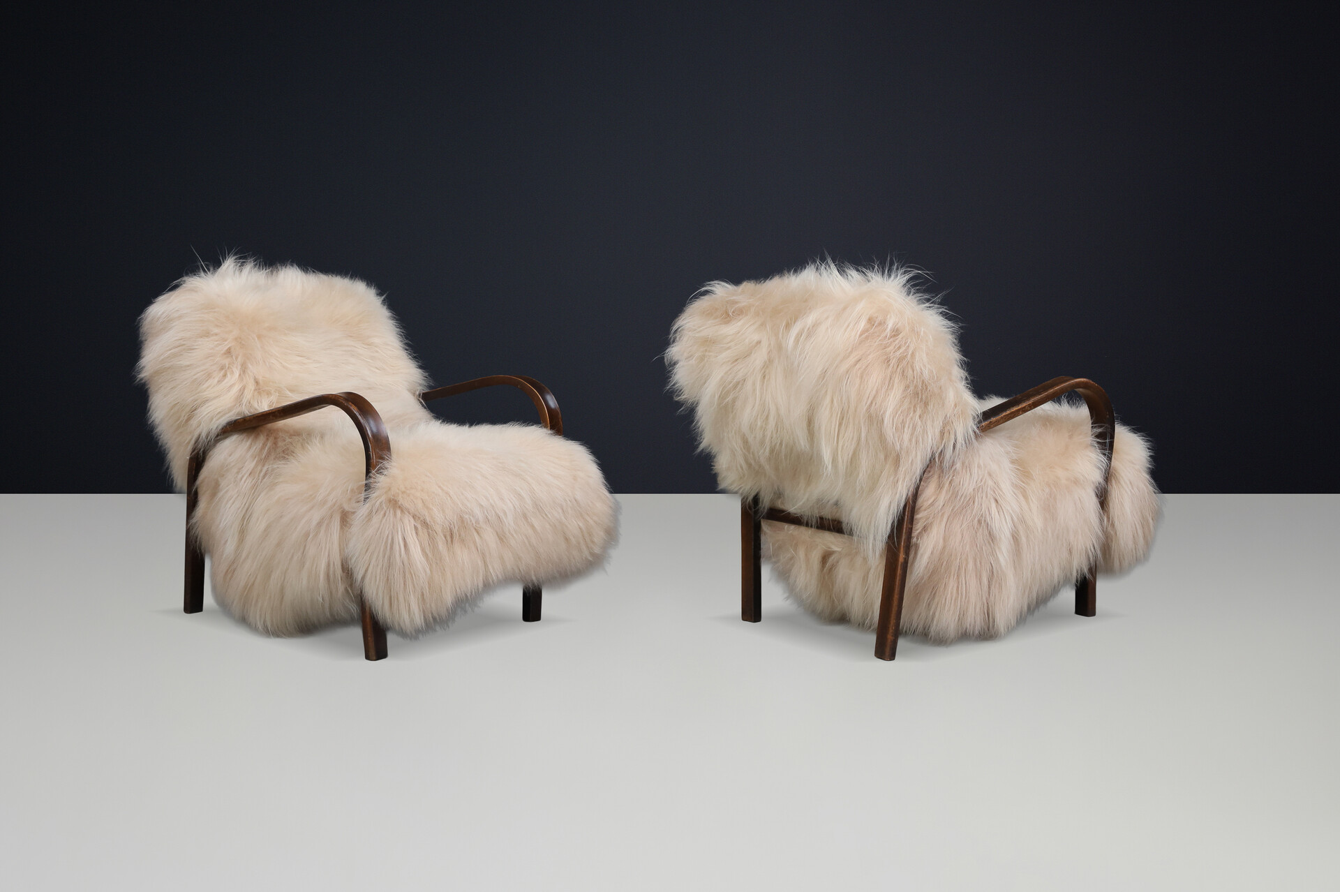Kozelka & Kropáček Bentwood Lounge Chairs in Icelandic Sheepskin, 1940s Early-20th century