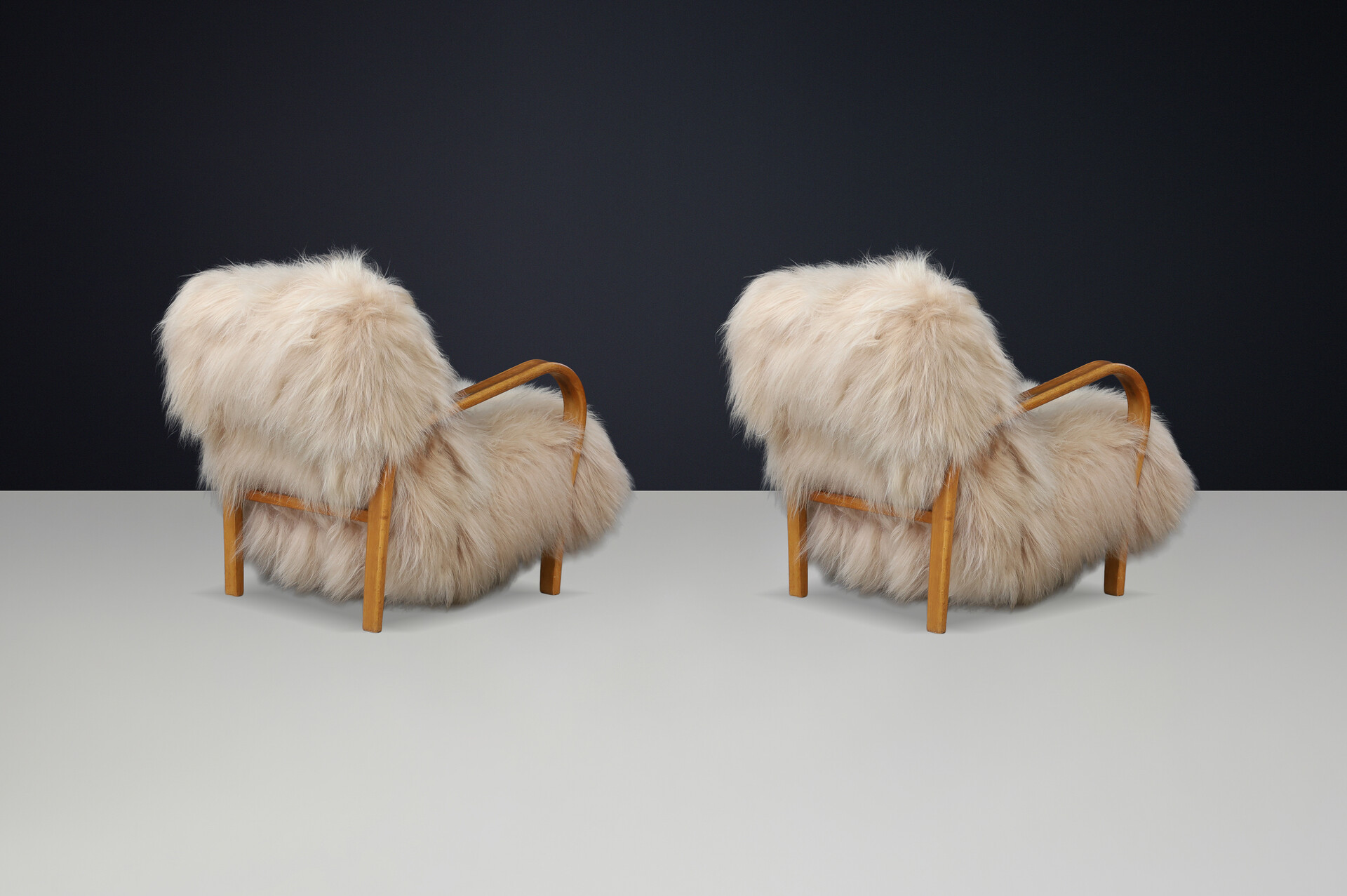 Kozelka & Kropáček Bentwood Lounge Chairs in Icelandic Sheepskin, 1940s Early-20th century