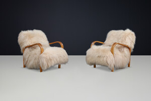 Kozelka & Kropáček Bentwood Lounge Chairs in Icelandic Sheepskin, 1940s Early-20th century