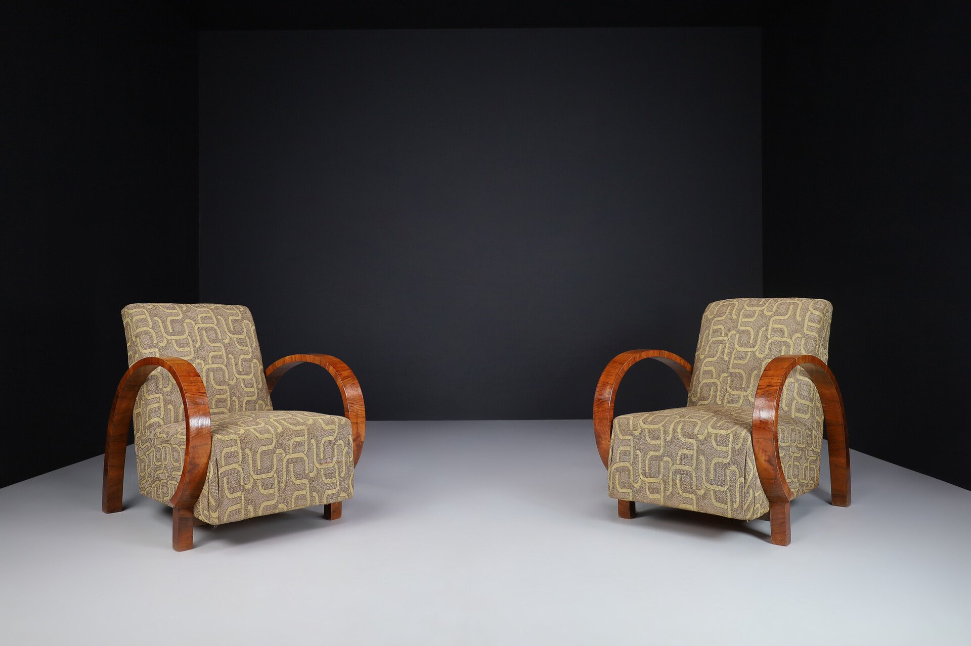 Large Art Deco Armchairs in Walnut and Original Fabric, Italy, 1930s Early-20th century