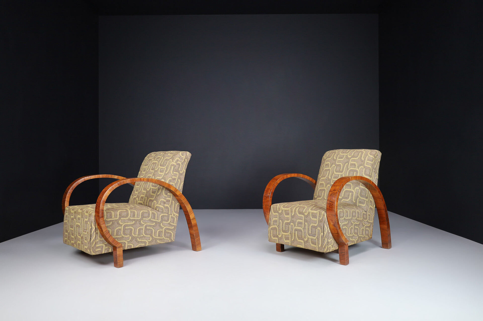 Large Art Deco Armchairs in Walnut and Original Fabric, Italy, 1930s Early-20th century