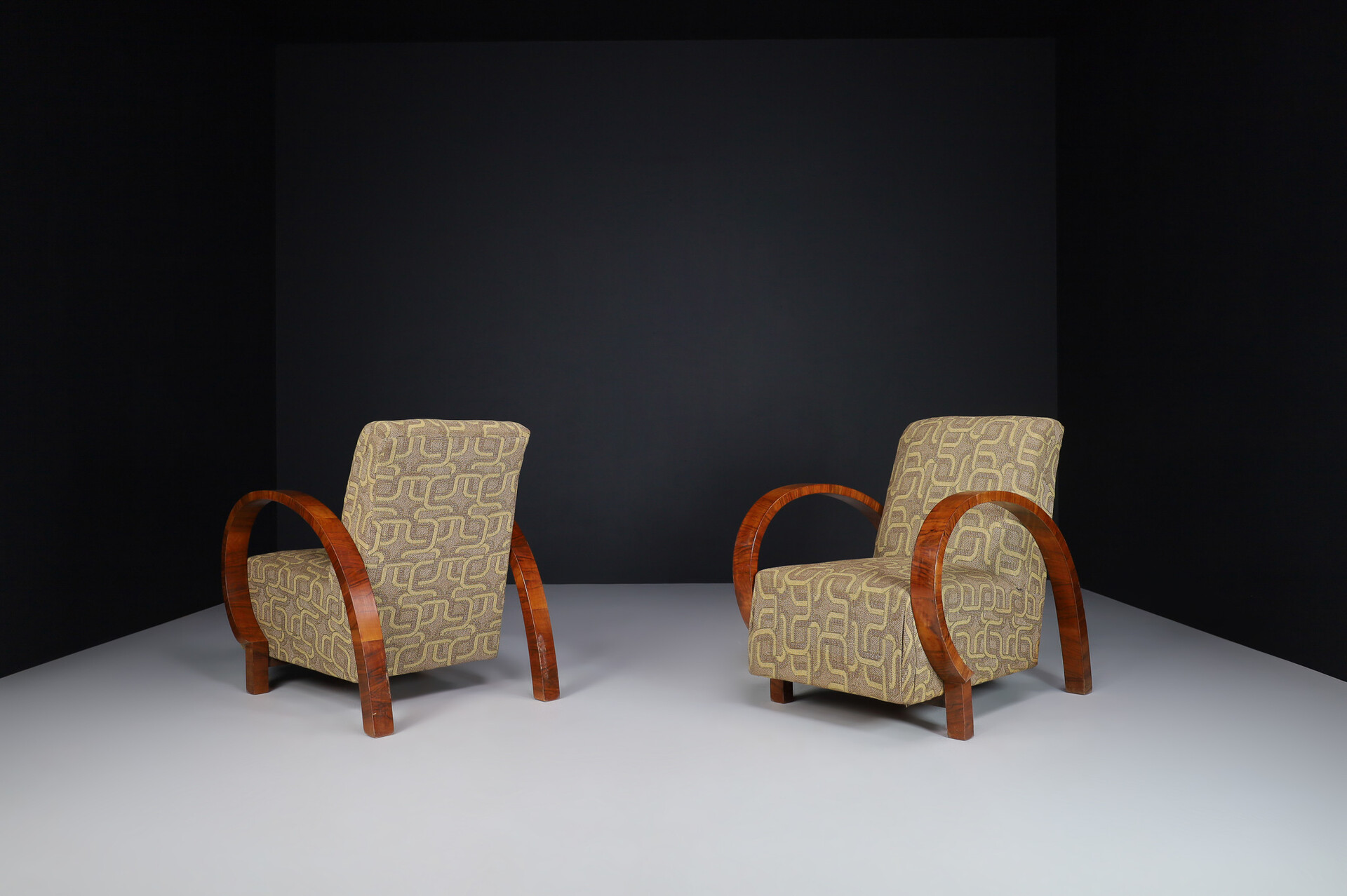 Large Art Deco Armchairs in Walnut and Original Fabric, Italy, 1930s Early-20th century