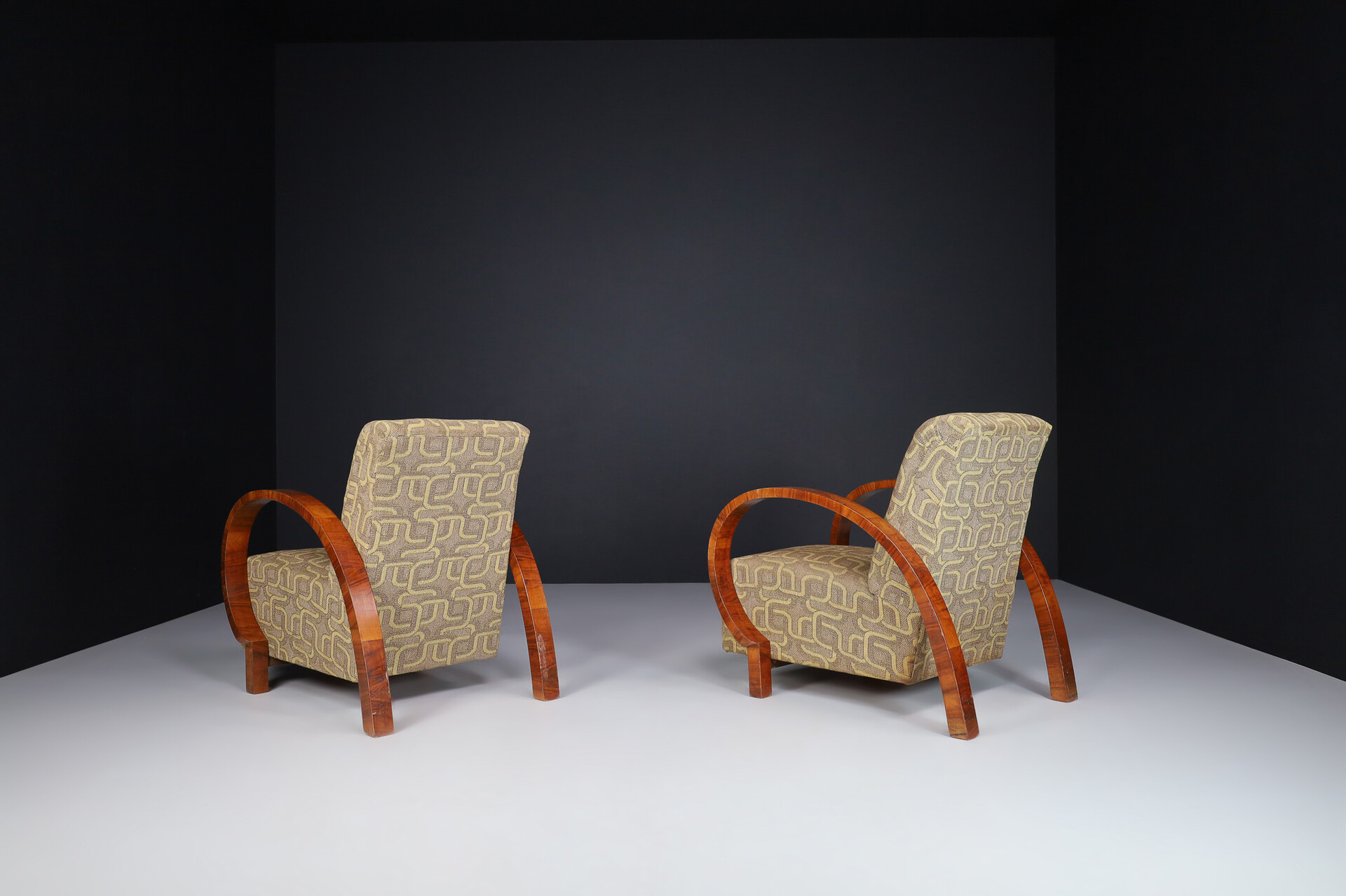 Large Art Deco Armchairs in Walnut and Original Fabric, Italy, 1930s Early-20th century