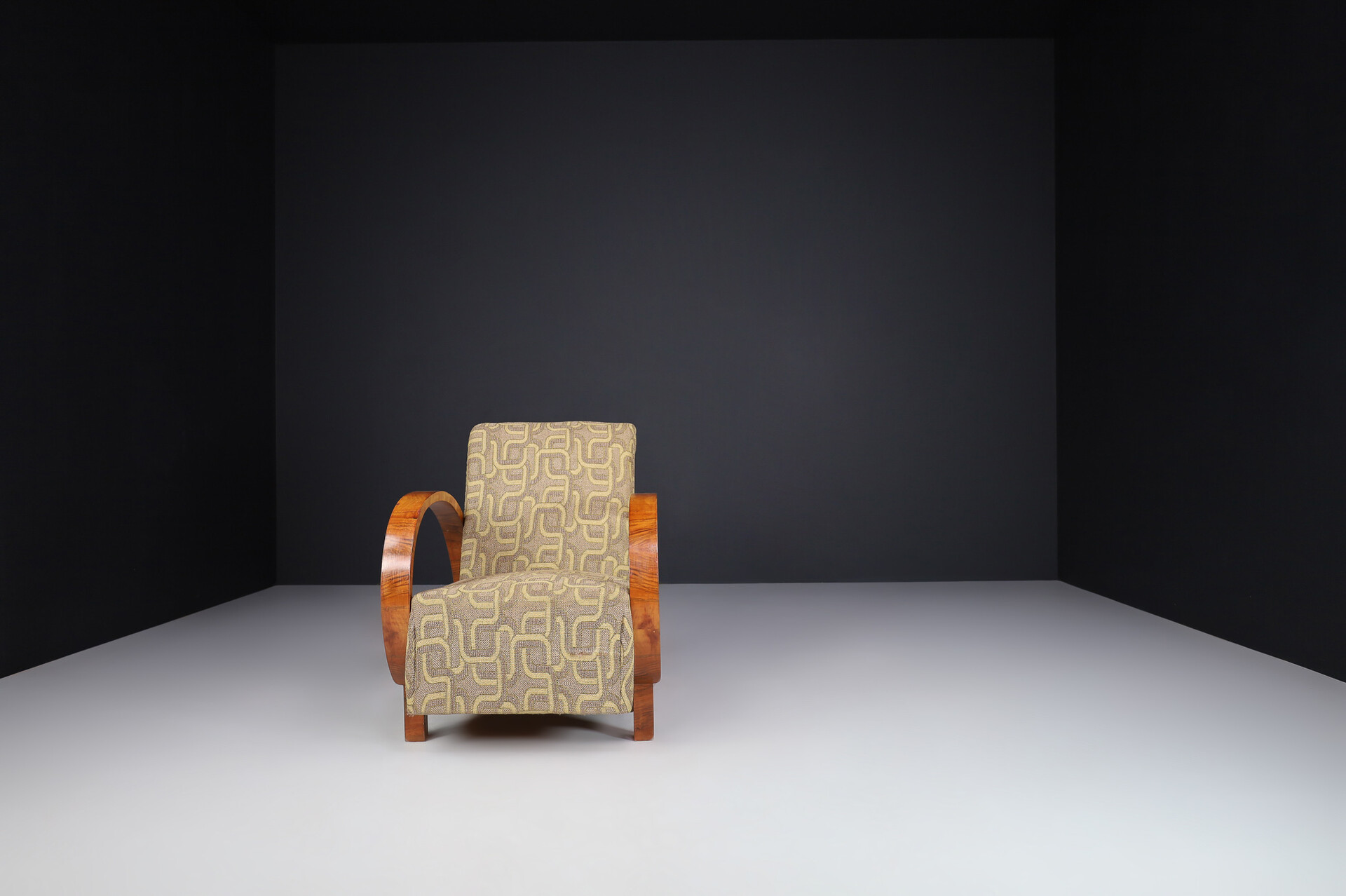 Large Art Deco Armchairs in Walnut and Original Fabric, Italy, 1930s Early-20th century