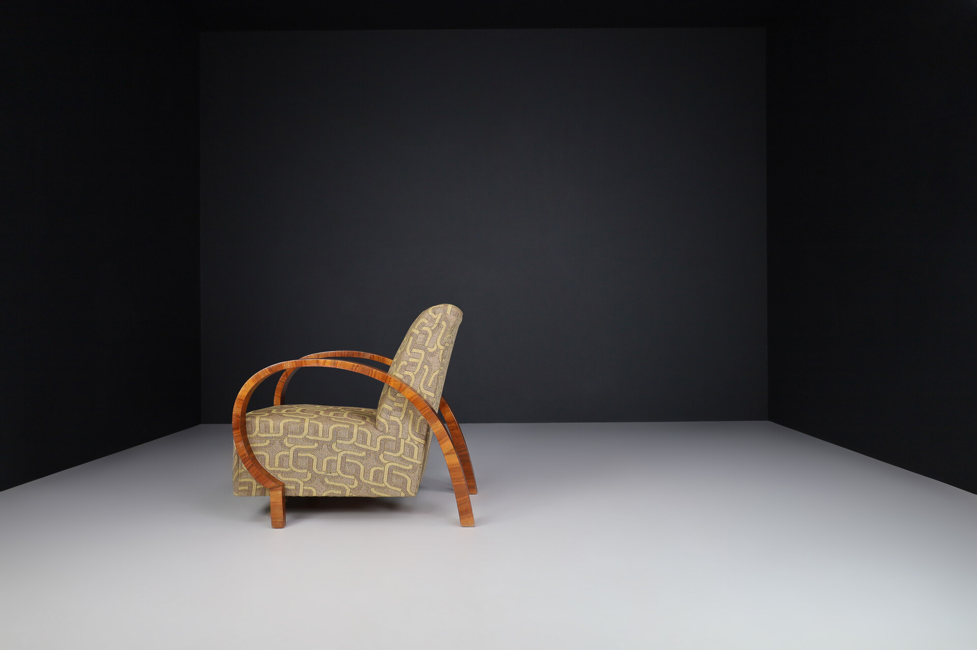 Large Art Deco Armchairs in Walnut and Original Fabric, Italy, 1930s Early-20th century