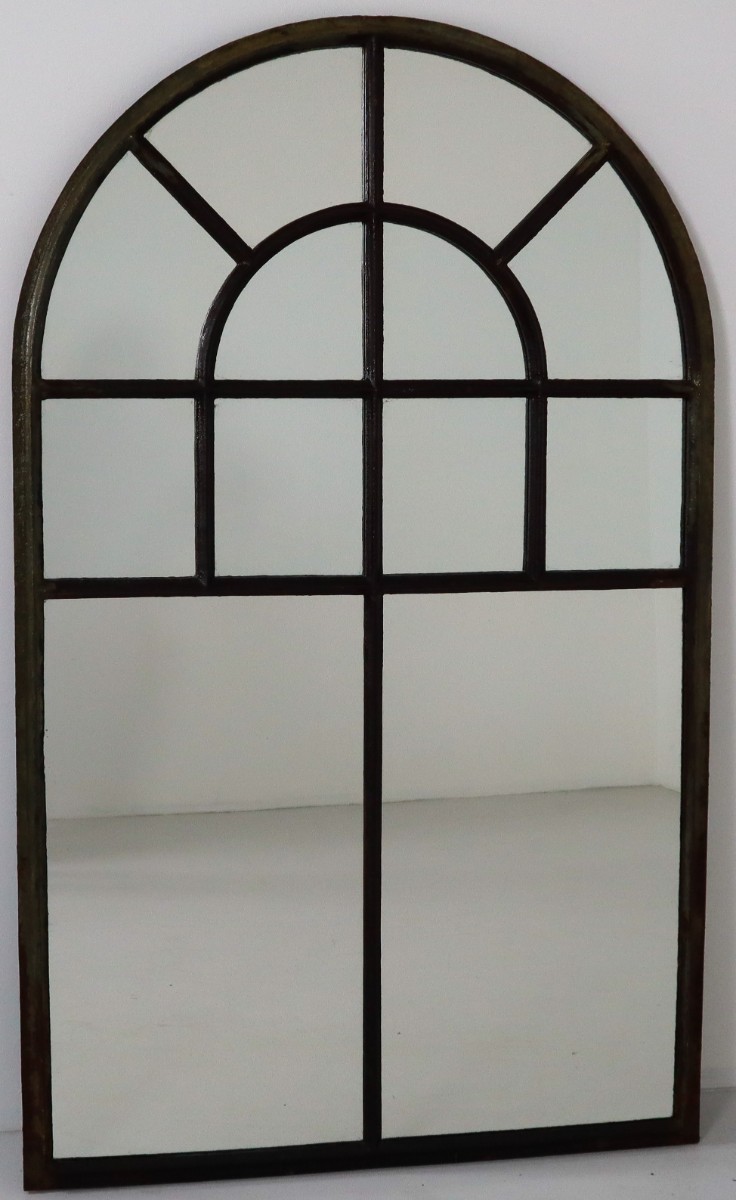 Large early Cast Iron Arched Industrial Window with Mirror , France 1800s 19th century