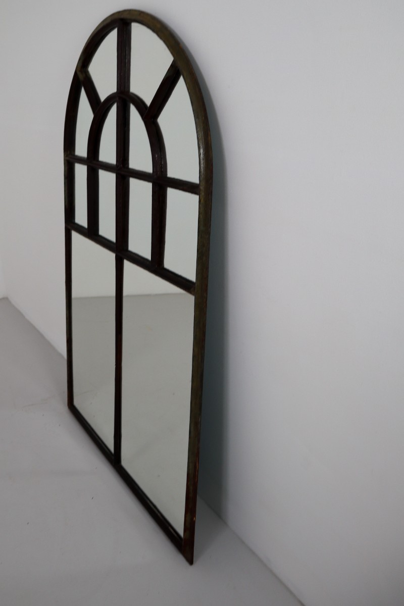 Large early Cast Iron Arched Industrial Window with Mirror , France 1800s 19th century