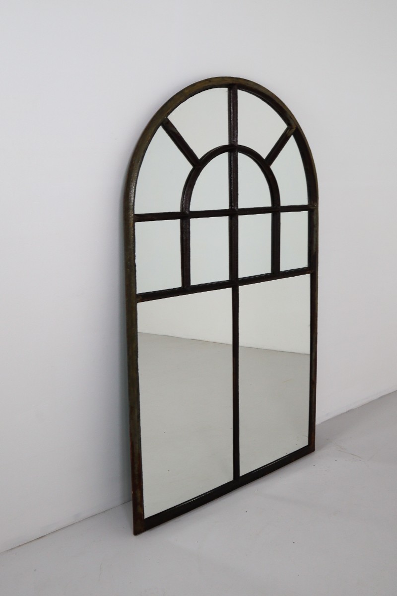 Large early Cast Iron Arched Industrial Window with Mirror , France 1800s 19th century