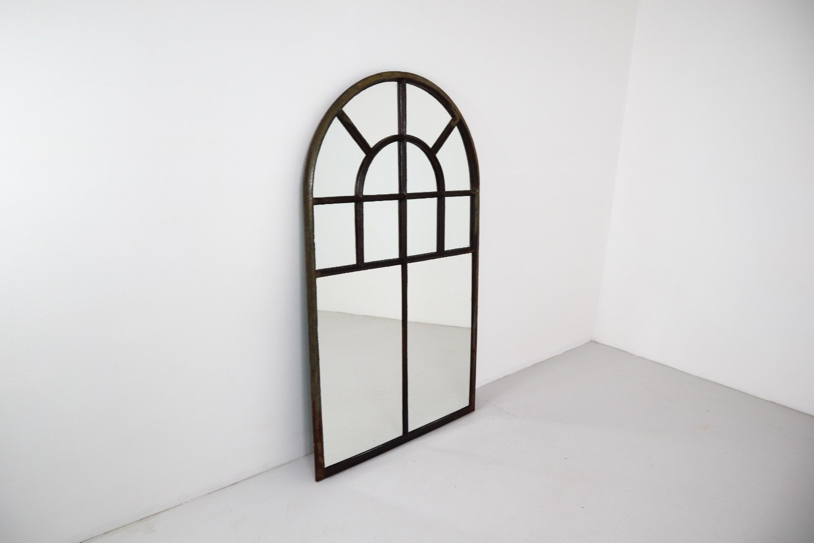 Large early Cast Iron Arched Industrial Window with Mirror , France 1800s 19th century