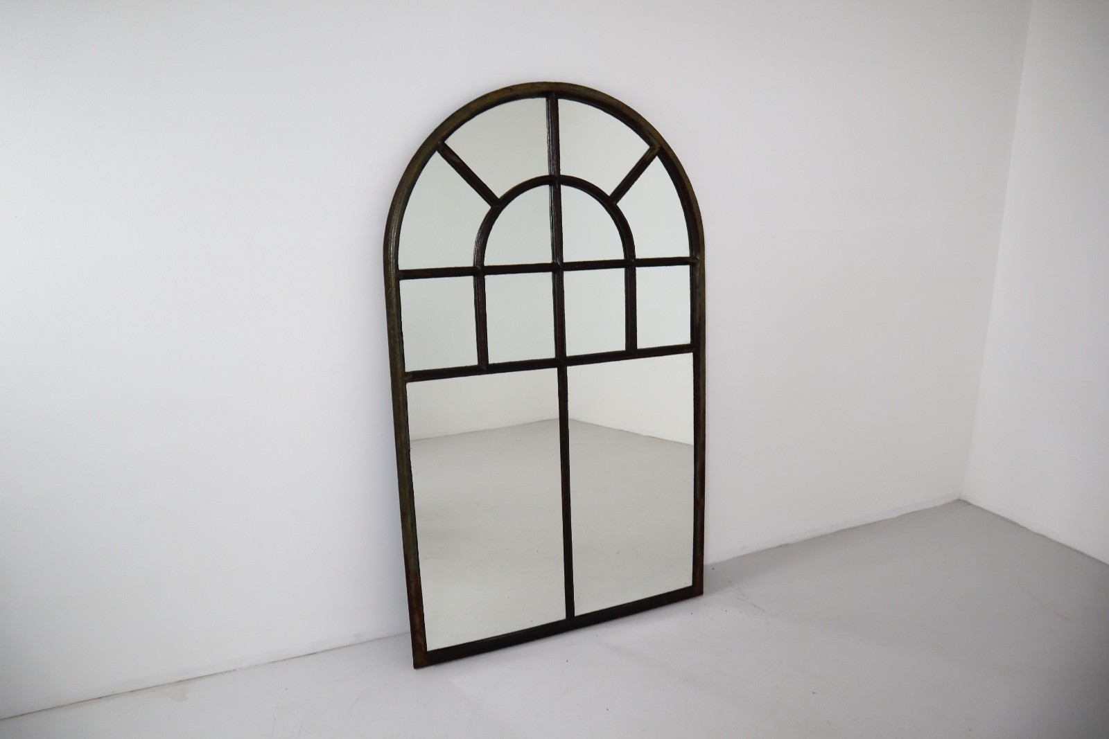 Large early Cast Iron Arched Industrial Window with Mirror , France 1800s 19th century