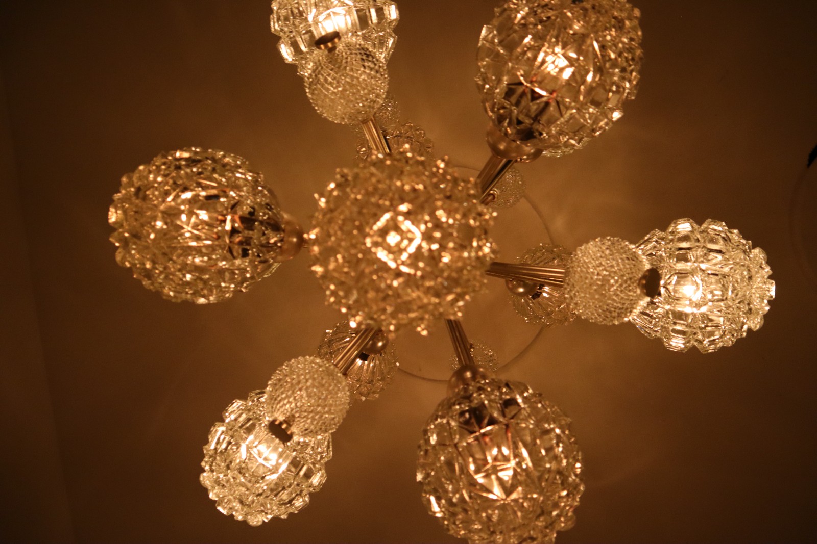 Large German Floral Starbust Sputnik Chandelier with Illuminating Crystal Globes Mid-20th century