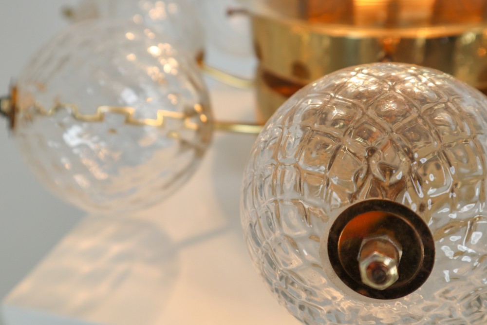 Large Midcentury Brass Ceiling Lamp-Chandelier with Handblown Art-Glass , 1960s