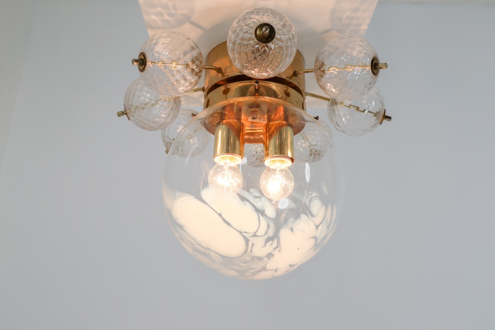 Large Midcentury Brass Ceiling Lamp-Chandelier with Handblown Art-Glass , 1960s