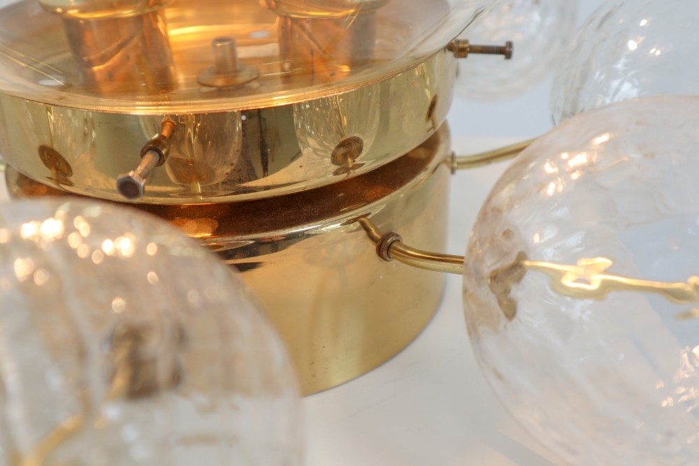 Large Midcentury Brass Ceiling Lamp-Chandelier with Handblown Art-Glass , 1960s