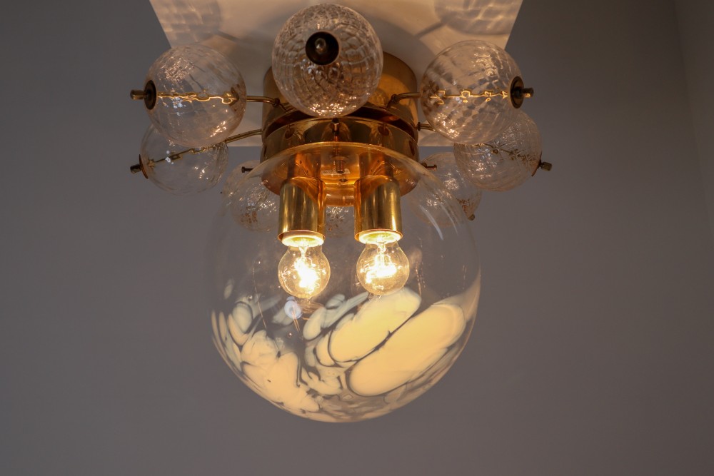 Large Midcentury Brass Ceiling Lamp-Chandelier with Handblown Art-Glass , 1960s