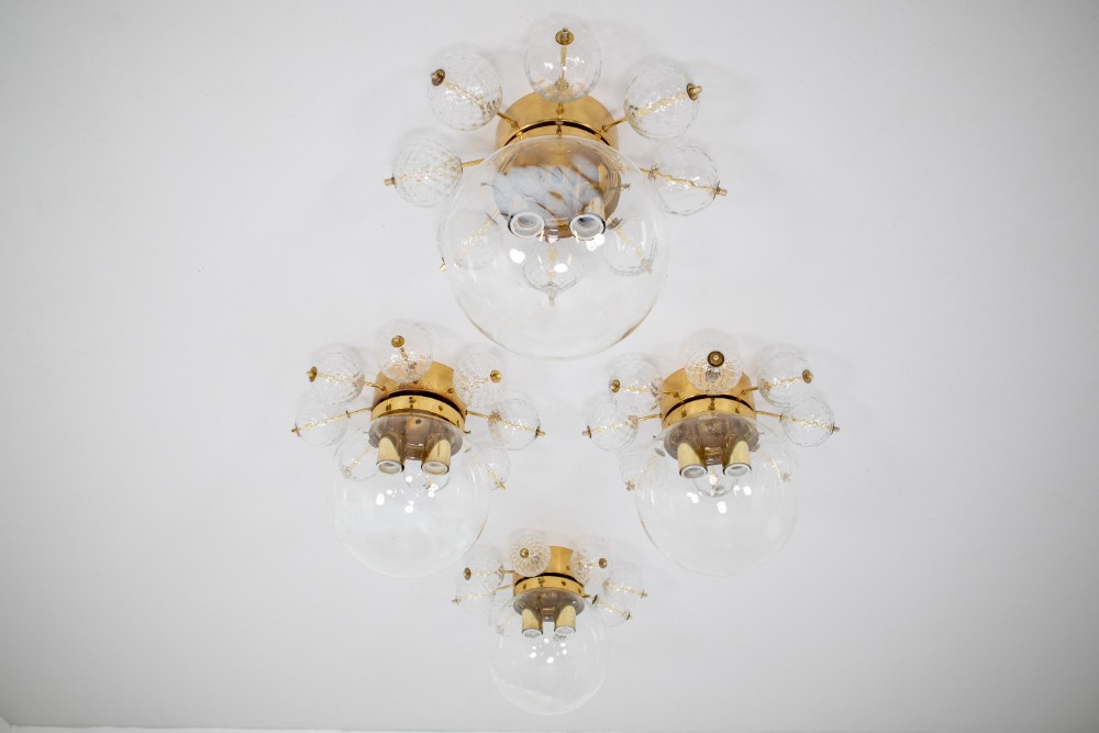 Large Midcentury Brass Ceiling Lamp-Chandelier with Handblown Art-Glass , 1960s