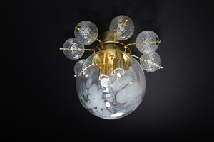 Large Midcentury Brass Ceiling Lamp-Chandelier with Handblown Art-Glass ,1960s