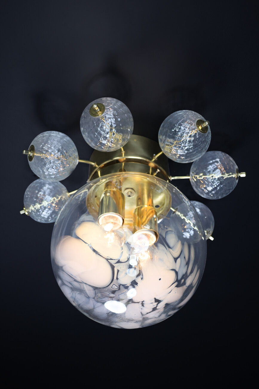 Large Midcentury Brass Ceiling Lamp-Chandelier with Handblown Art-Glass ,1960s