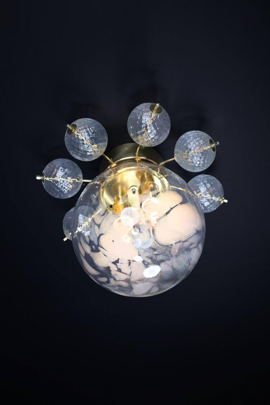 Large Midcentury Brass Ceiling Lamp-Chandelier with Handblown Art-Glass ,1960s