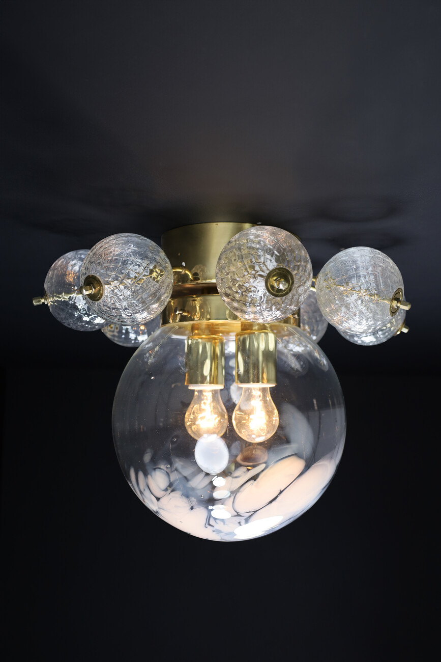 Large Midcentury Brass Ceiling Lamp-Chandelier with Handblown Art-Glass ,1960s