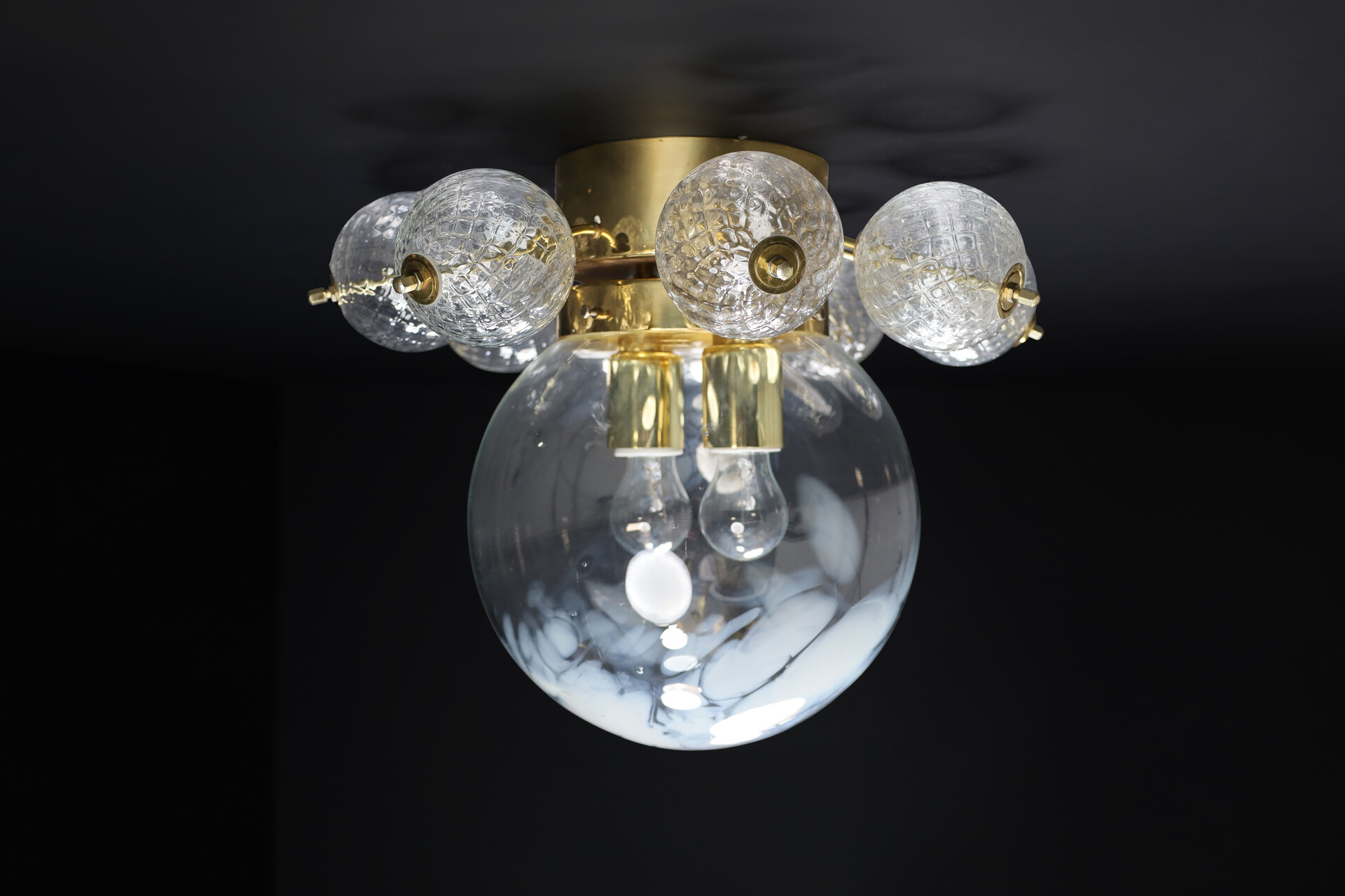 Large Midcentury Brass Ceiling Lamp-Chandelier with Handblown Art-Glass ,1960s