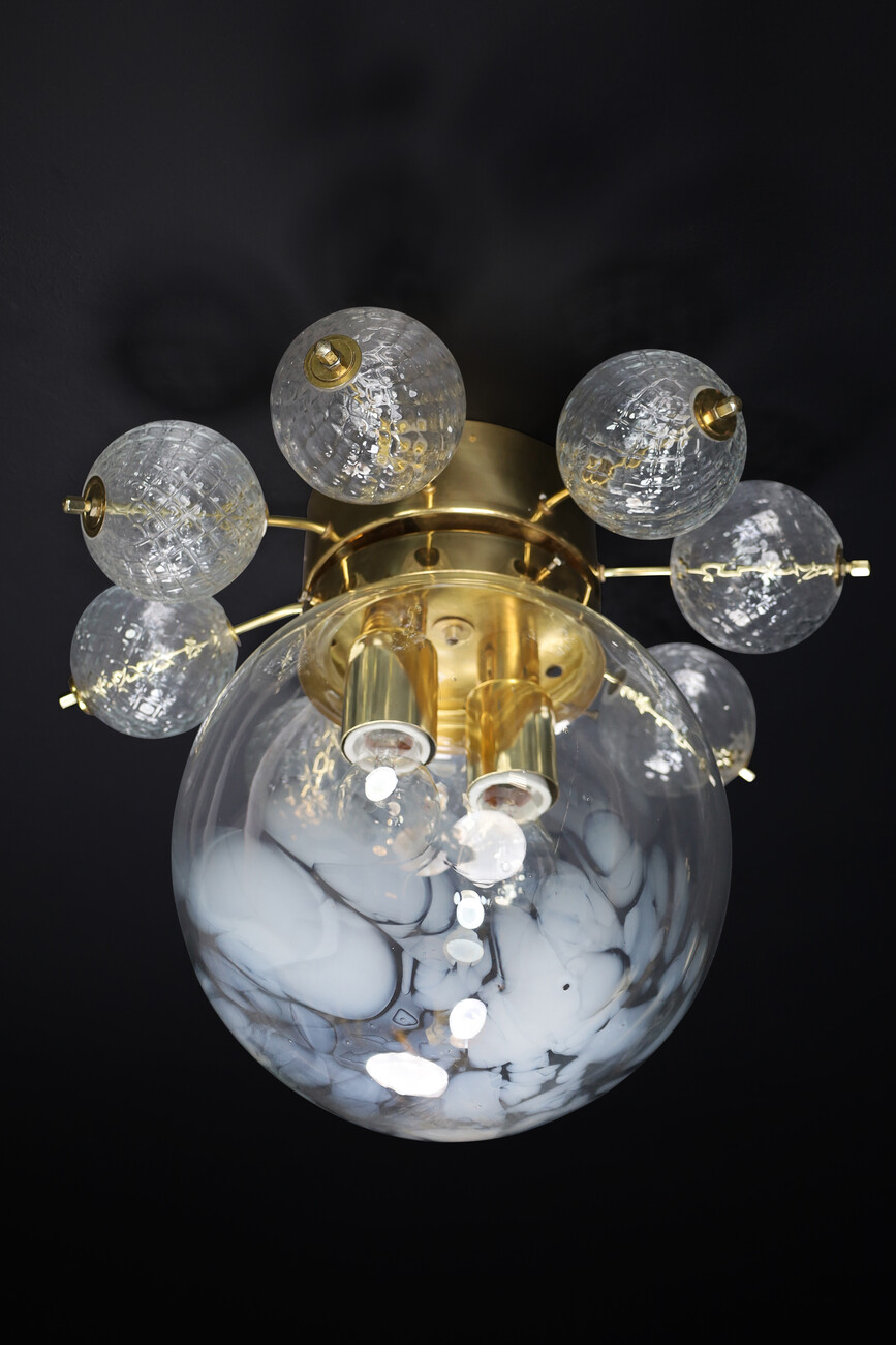 Large Midcentury Brass Ceiling Lamp-Chandelier with Handblown Art-Glass ,1960s
